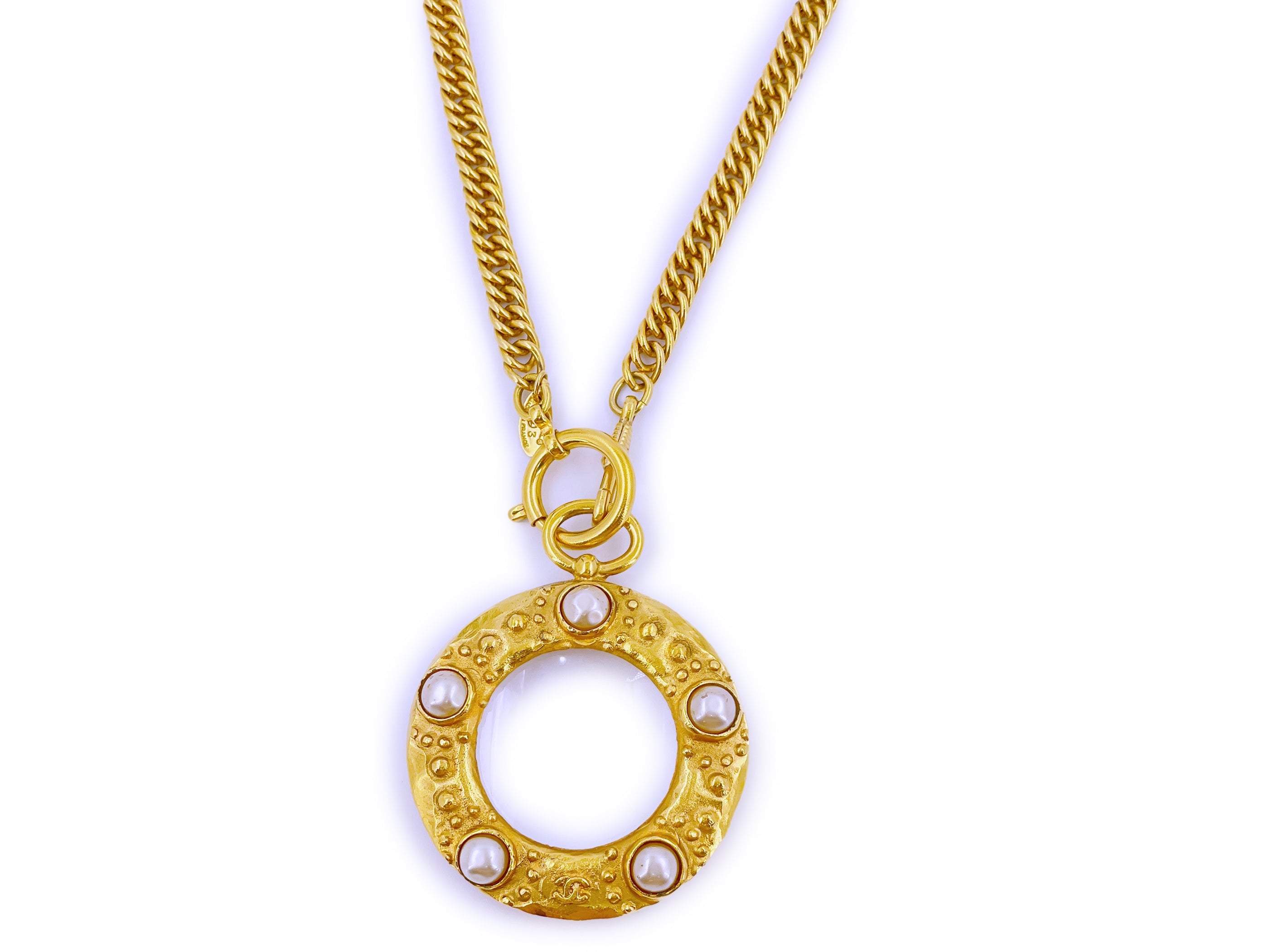 Chanel Magnifying Glass Necklace Vintage Collection 23 Pearl Studded Pendant Long Chain