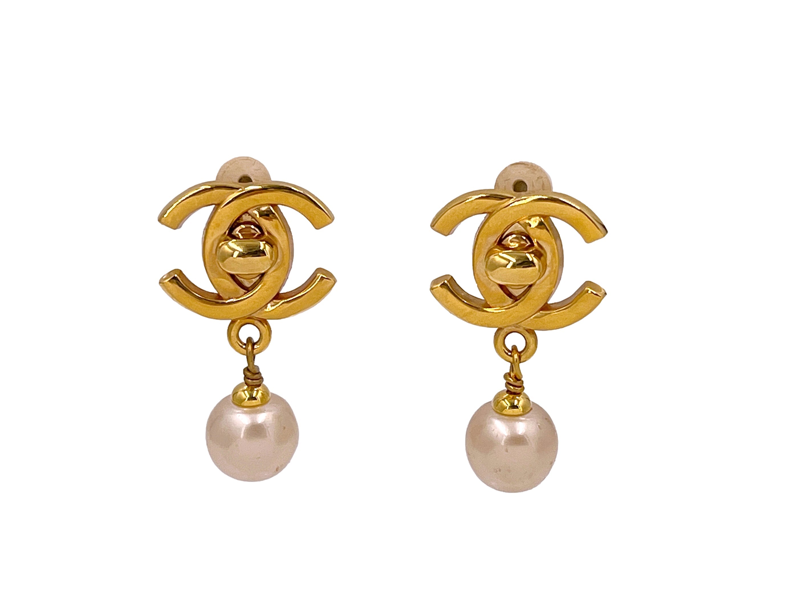 Chanel Vintage 93P Turnlock Pearl Drop Earrings
