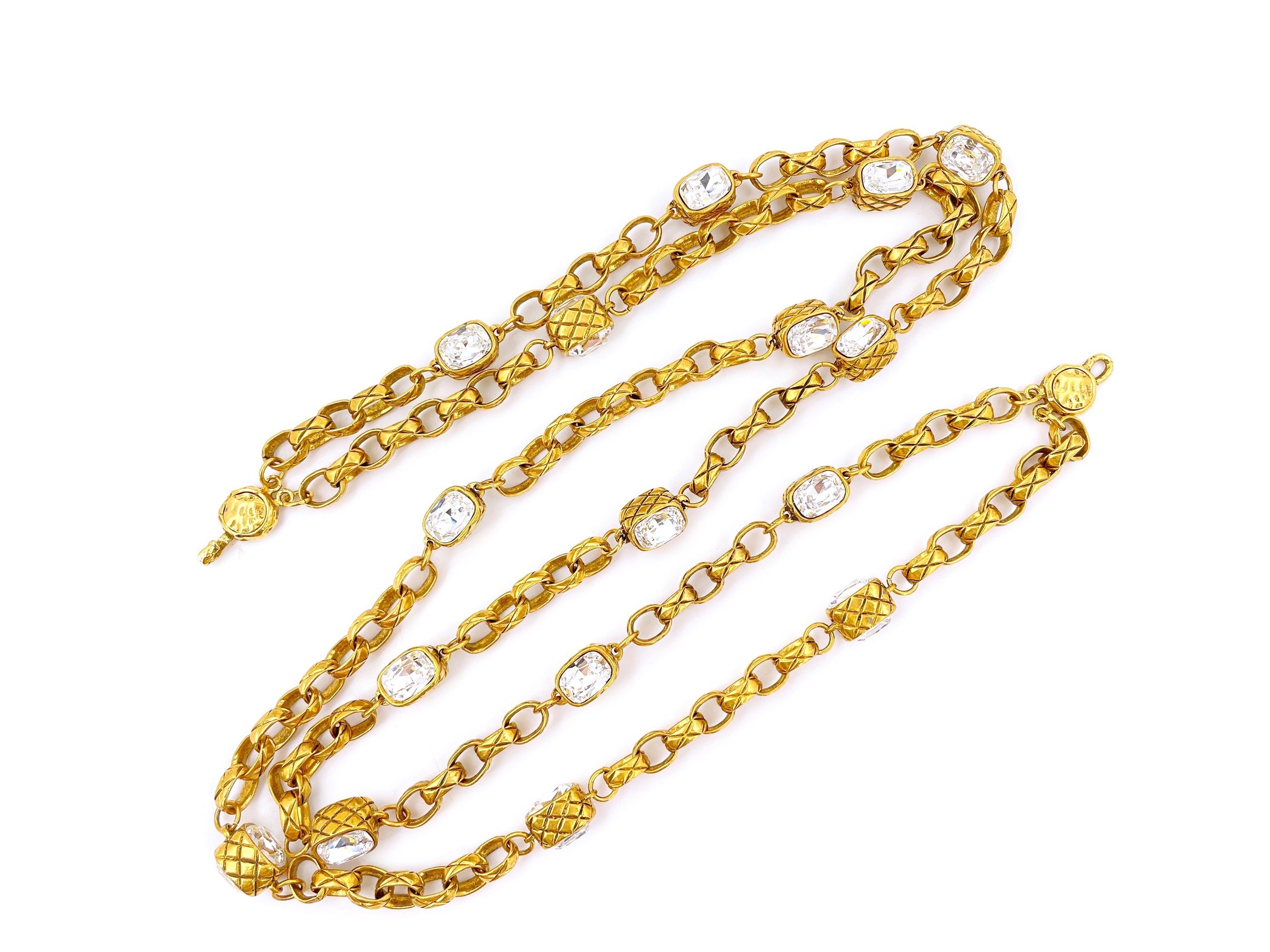 Rare Chanel Vintage Double Emerald Crystal Rolo Chain Belt Necklace Collection 23