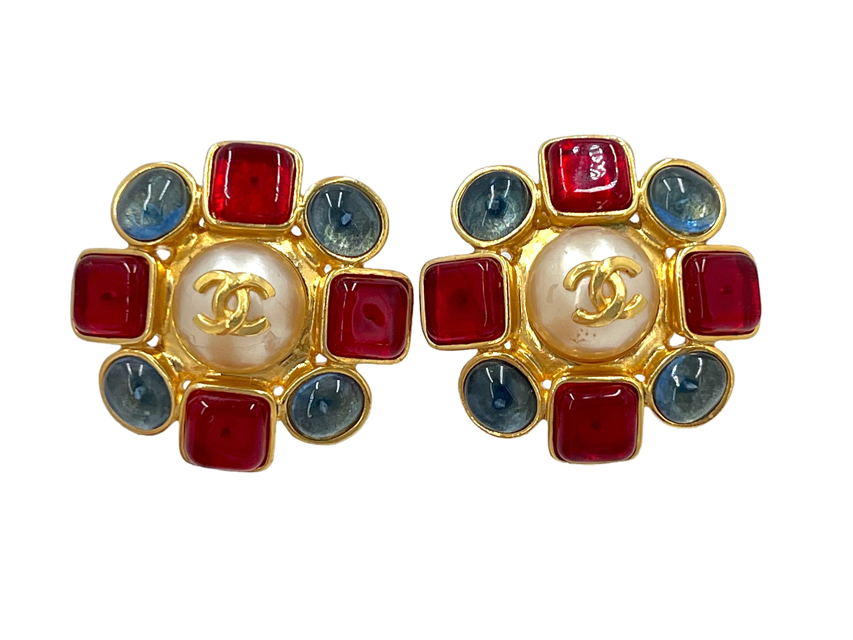 Chanel Vintage 97A Red and Blue-Gray Gripoix and Pearl Large Stud Earrings