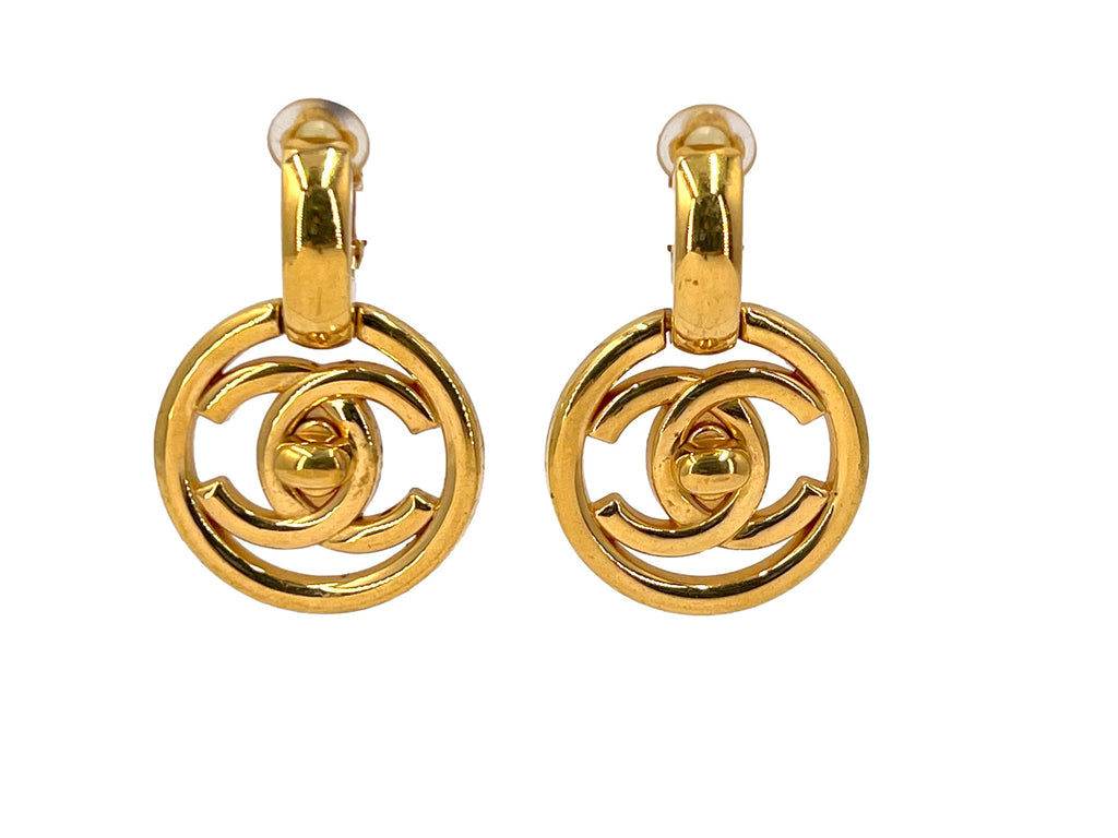 Chanel Vintage 97P Encircled Turnlock Drop Earrings