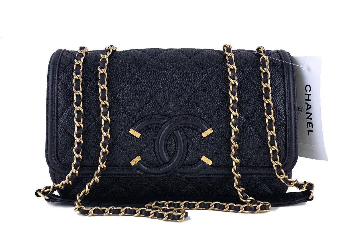 NWT 16S Chanel Black Limited Caviar Filigree Logo Flap Crossbody Bag