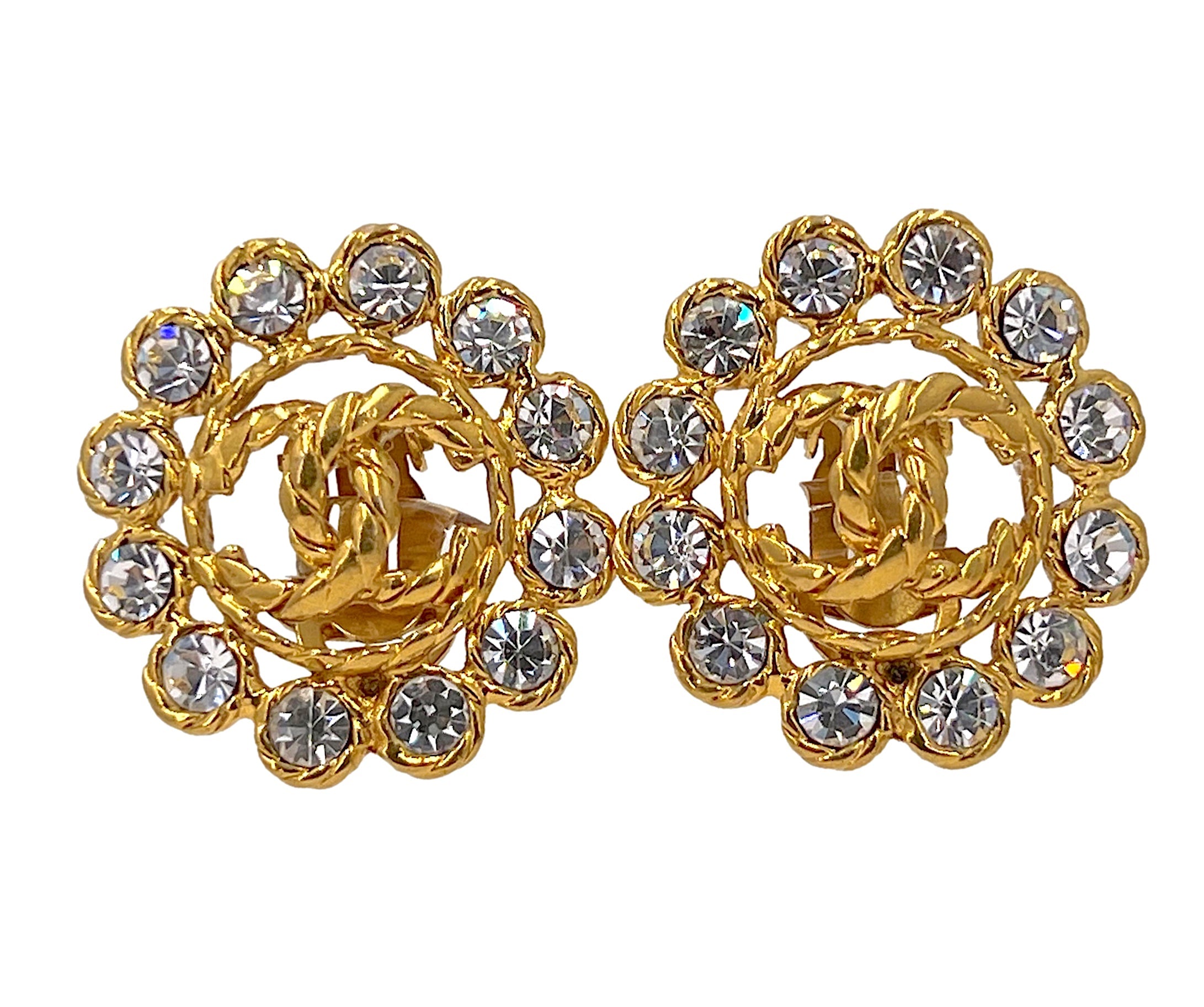 Chanel Vintage 93A Large Crystal Bordered CC Logo Stud Earrings