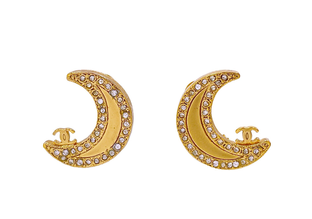 Rare Chanel Vintage 01P Crescent Moon Crystal Stud Earrings