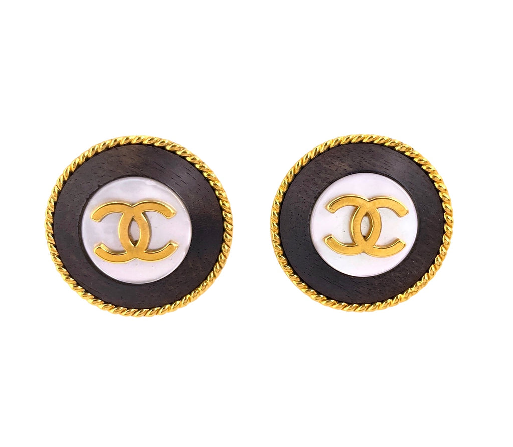 Chanel Vintage 96P Mother of Pearl Wooden CC Logo Stud Earrings Wood