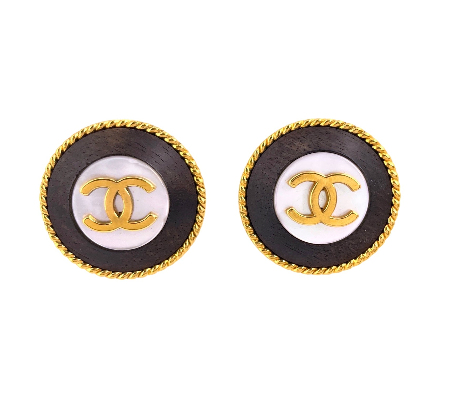 Chanel Vintage 96P Mother of Pearl Wooden CC Logo Stud Earrings Wood