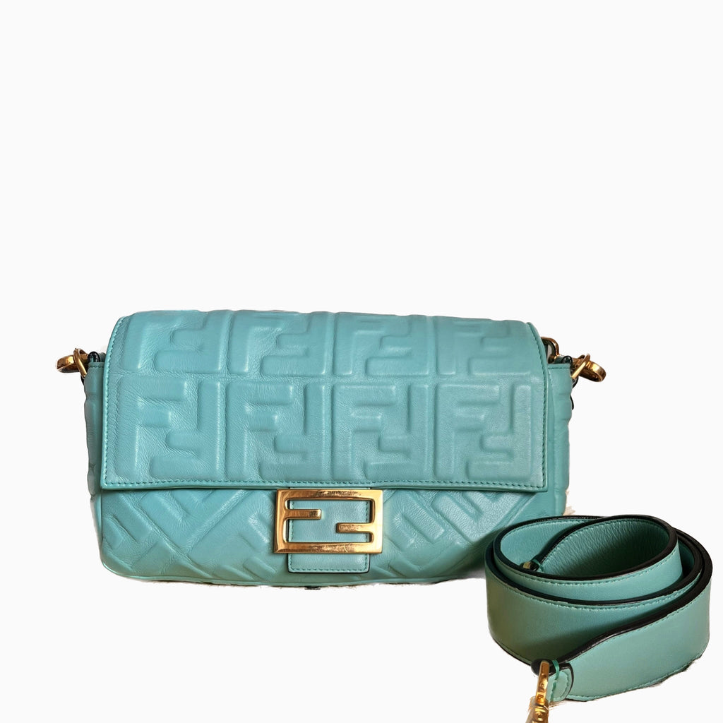 FENDI Baguette Turquoise Leather 3D FF Motif Crossbody bag