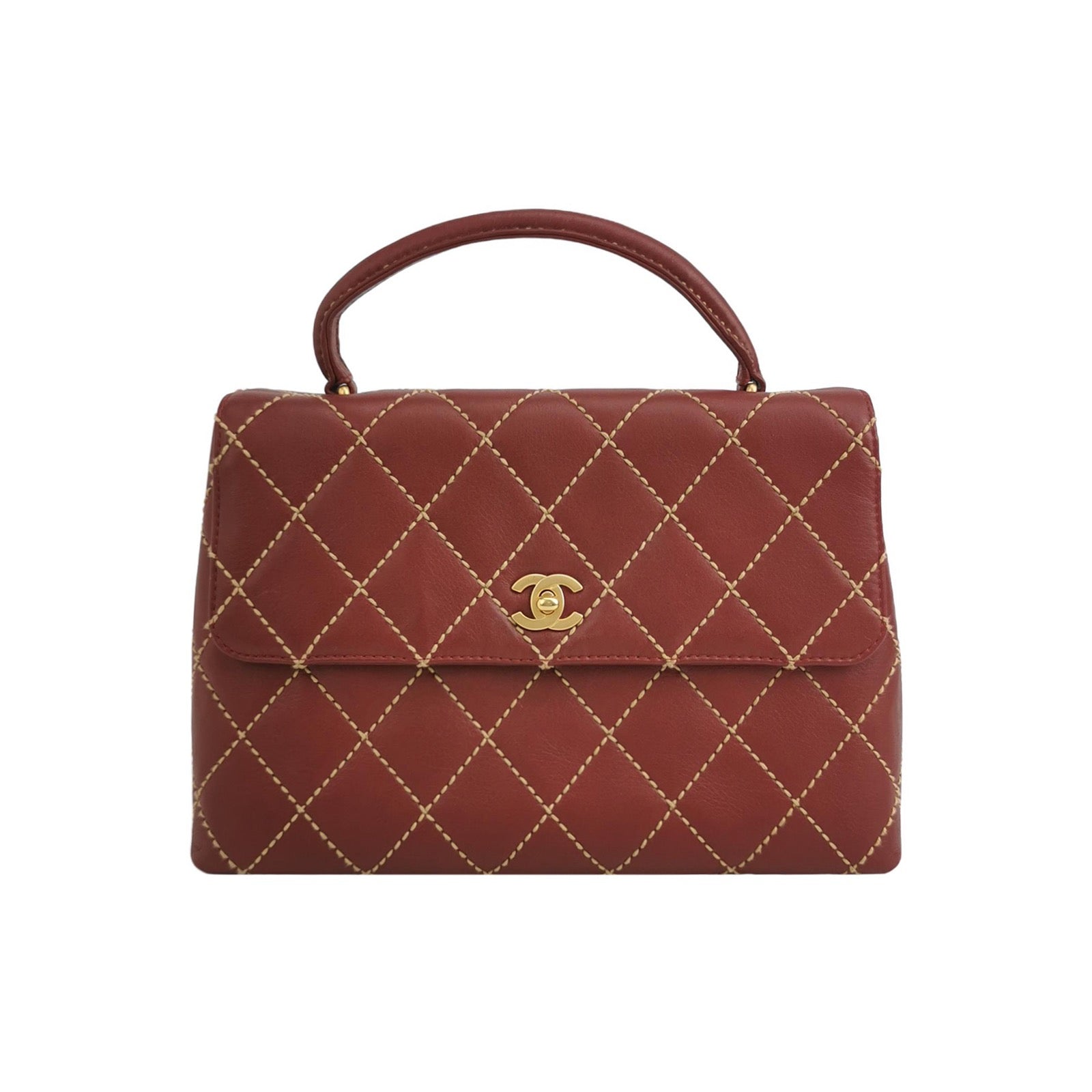 Chanel Vintage Top Handle Kelly Wild Stitch Burgundy Calfskin Leather Gold Hardware 2004-2005