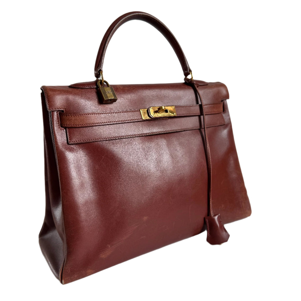Hermes Kelly 35 Vintage Brown Box Calfskin Leather Gold Hardware 1995 With Strap Lock Key n Clochette