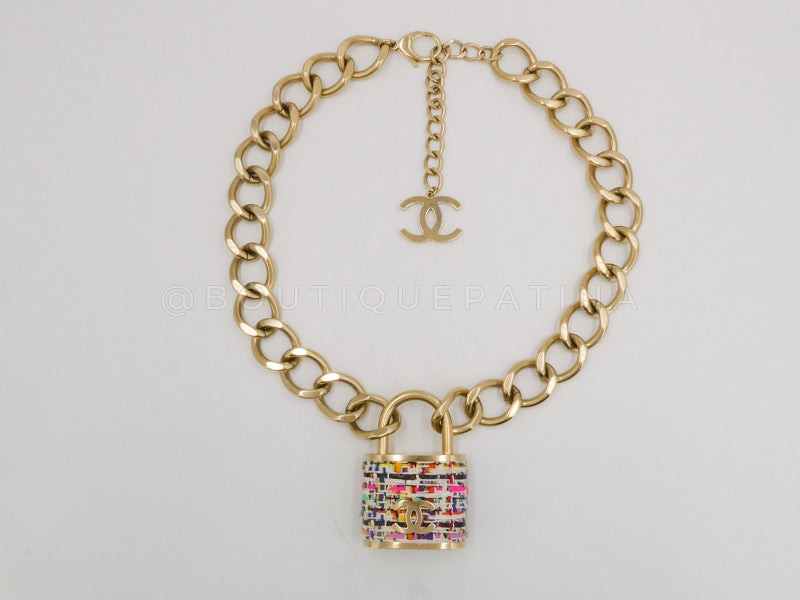 Chanel 2014 Supermarket Large Tweed Padlock Chain Necklace GHW
