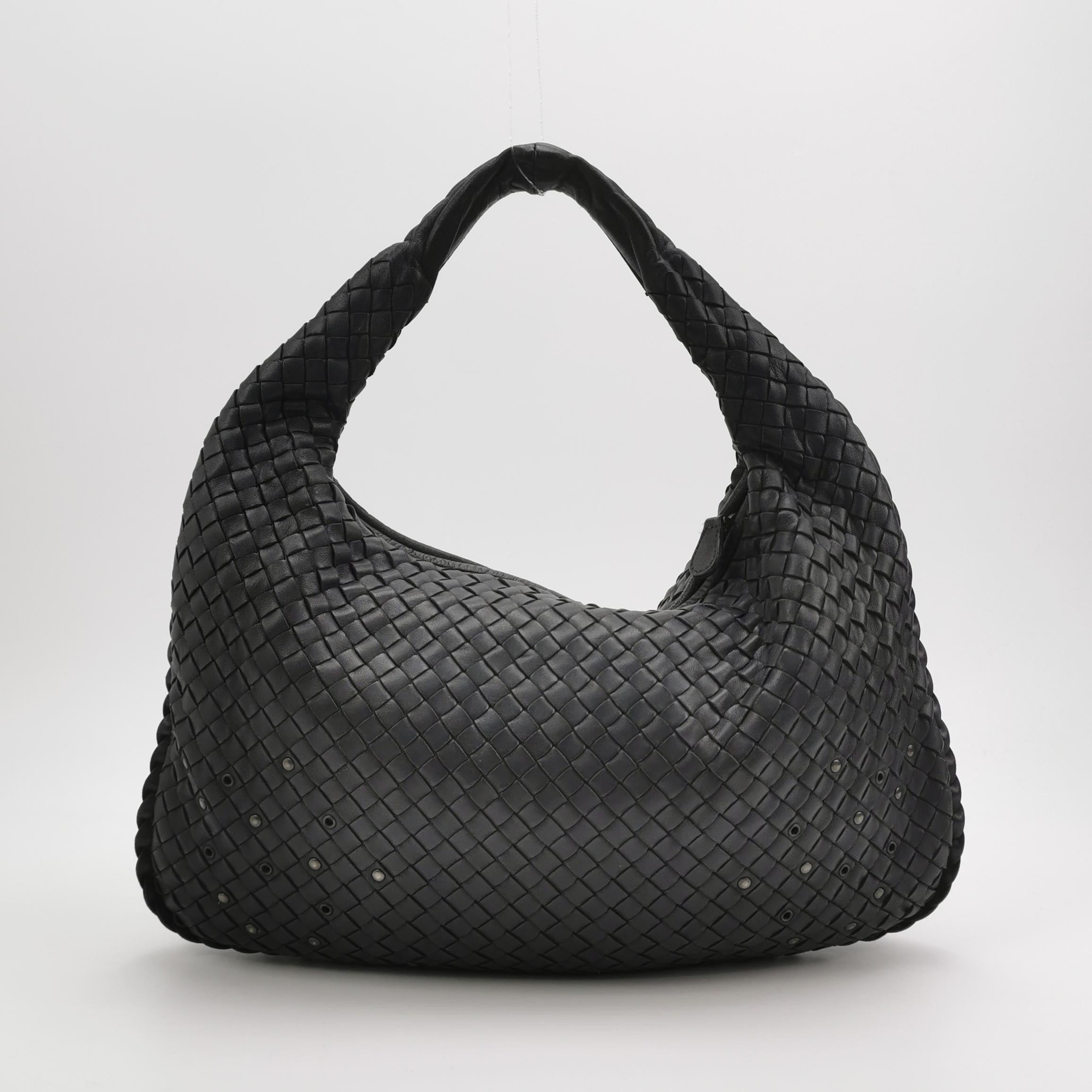 Bottega Veneta Intrecciato Hobo Bag Medium Black leather with Metal Studs 40cm