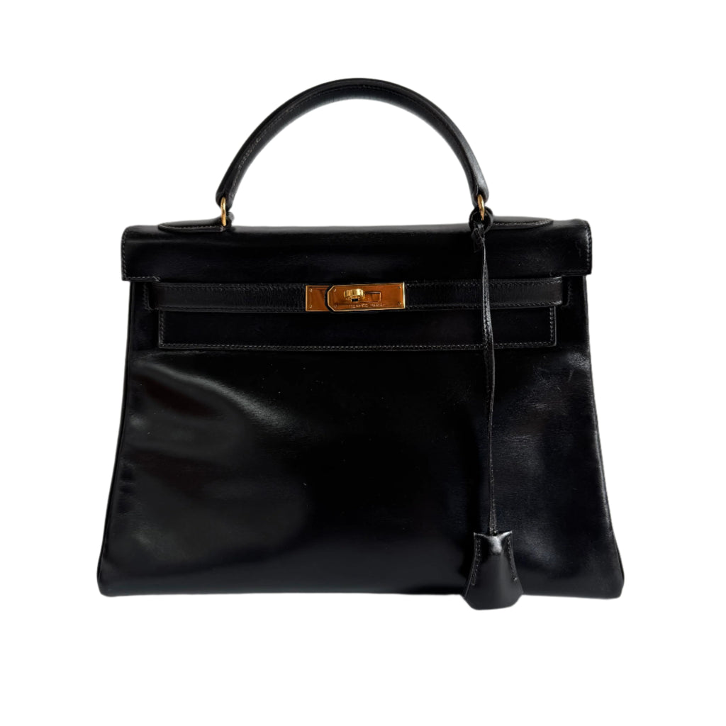 Hermes Kelly 32 Retourne Black Box Leather Gold HW 1987