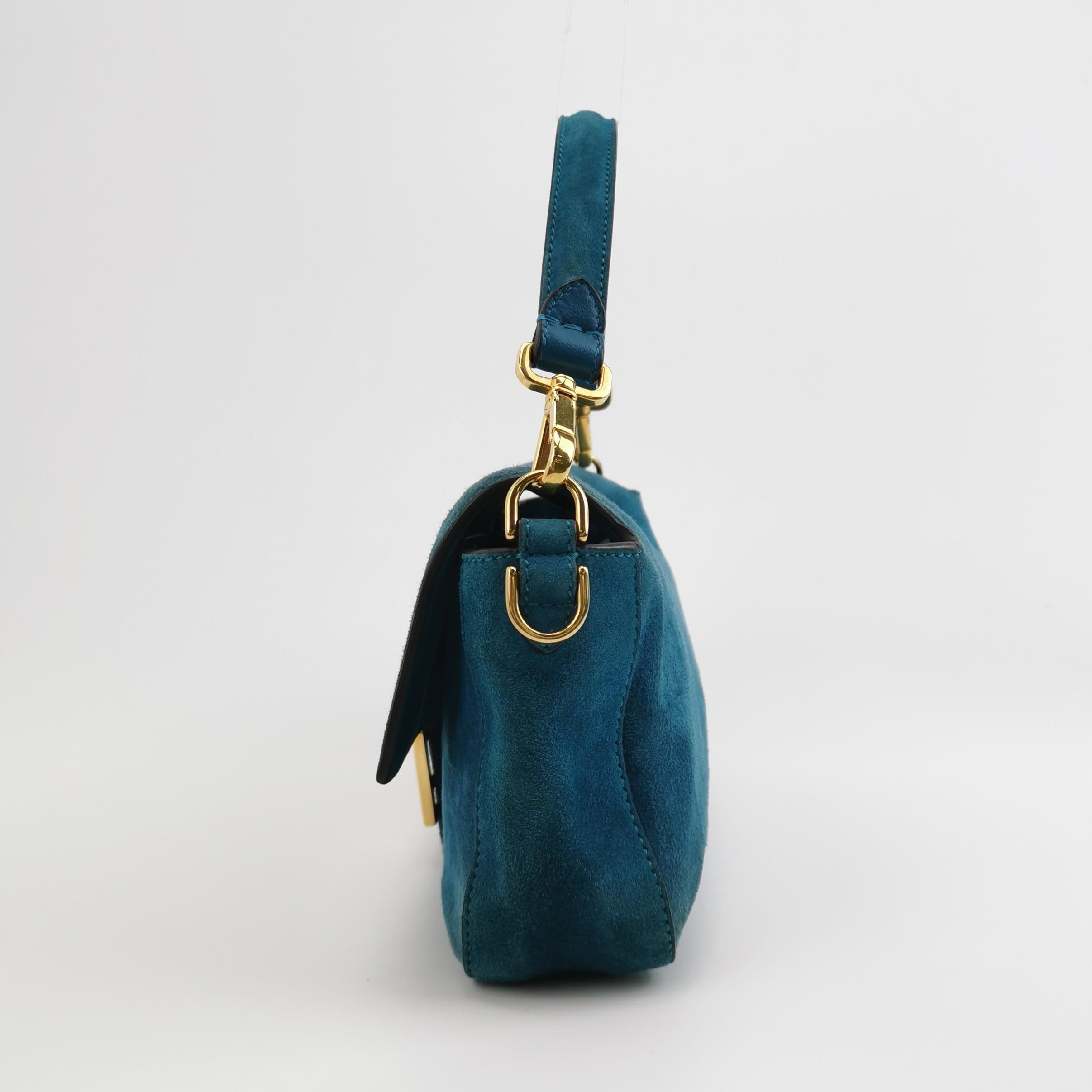 Fendi Baguette Selleria Suede Leather Crossbody Bag Medium Teal Blue
