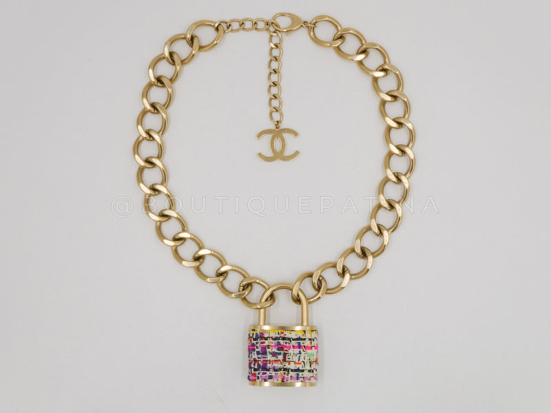 Chanel 2014 Supermarket Large Tweed Padlock Chain Necklace GHW
