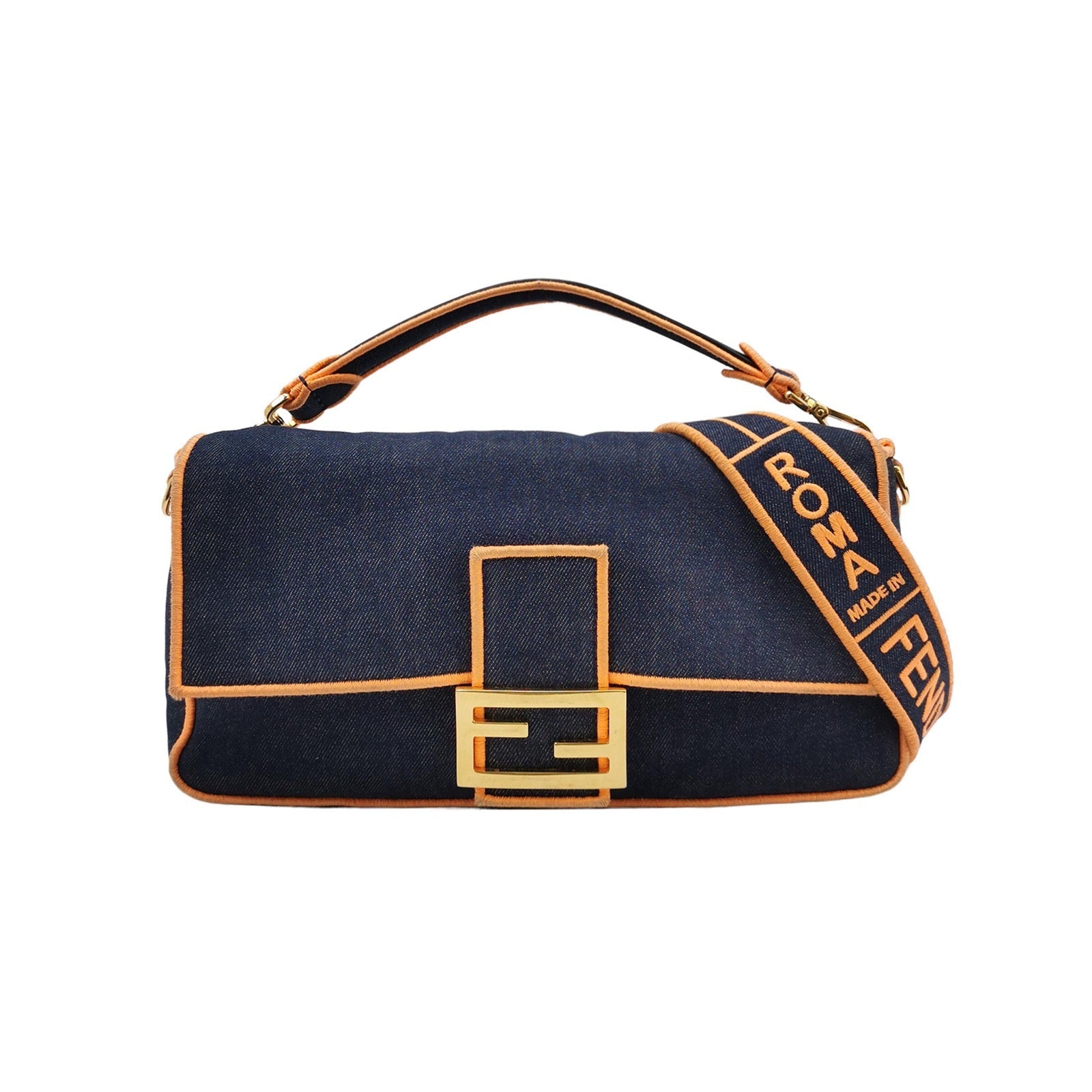 FENDI Baguette Large Denim with Orange Neon Trimming Crossbody Bag