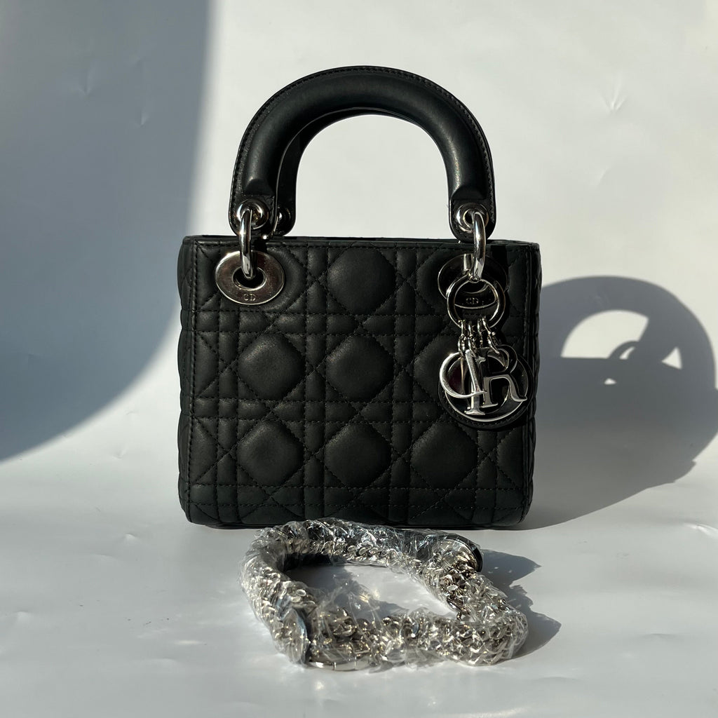 Lady Dior Mini Black Nubuck Aged Lambskin Leather handbag with silver hardware Chain Strap
