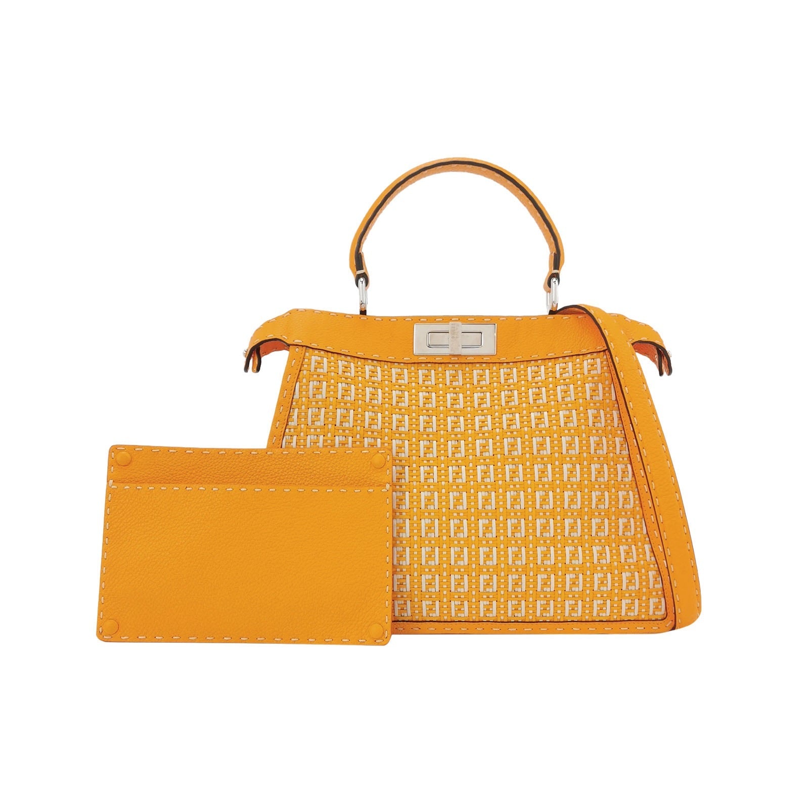 Fendi Peekaboo ISeeU Sellier Orange / White Interlace Leather Medium Top Handle Bag