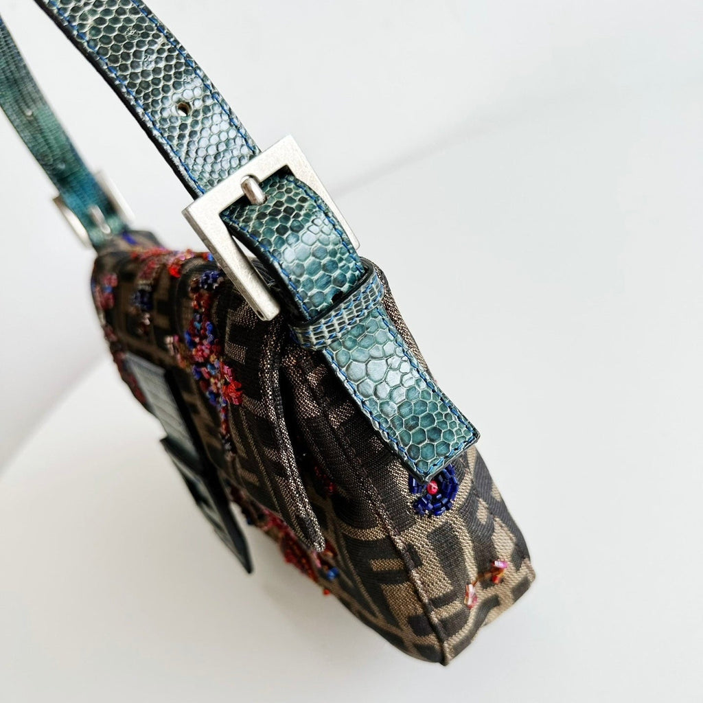 Fendi Baguette Zucca Monogram with Beaded Floral Embroidery