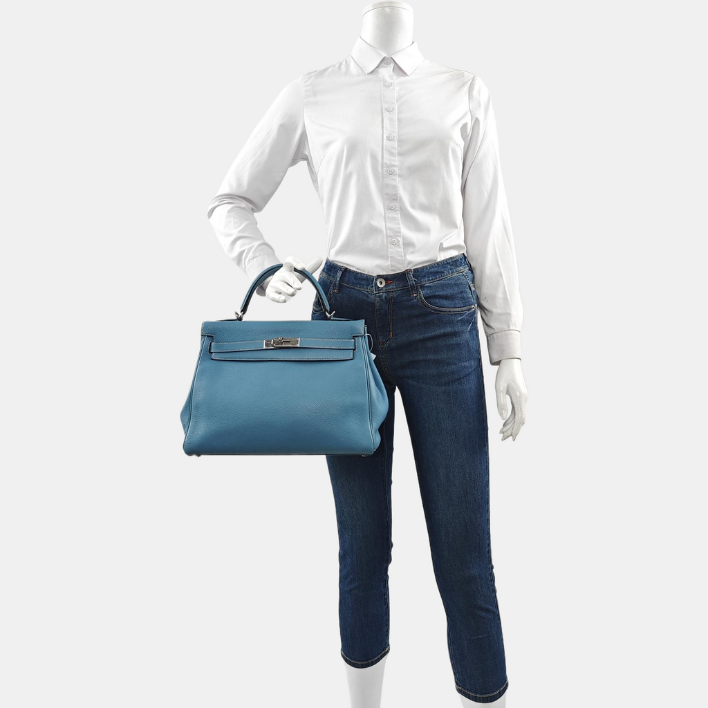 Hermes Kelly 32 Retourne Double Ring Blue Jeans Evercolor Leather Palladium Hardware 2002