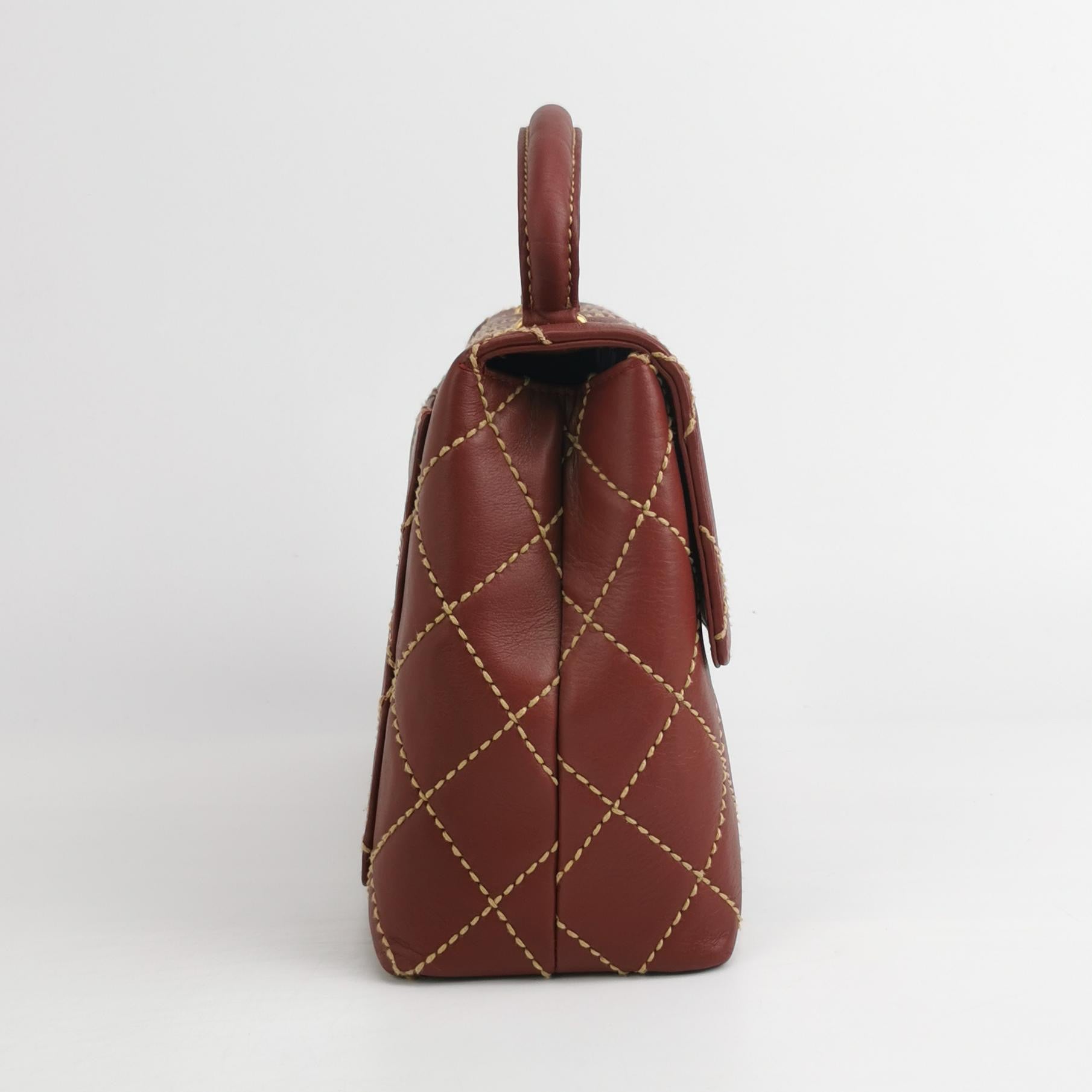Chanel Vintage Top Handle Kelly Wild Stitch Burgundy Calfskin Leather Gold Hardware 2004-2005