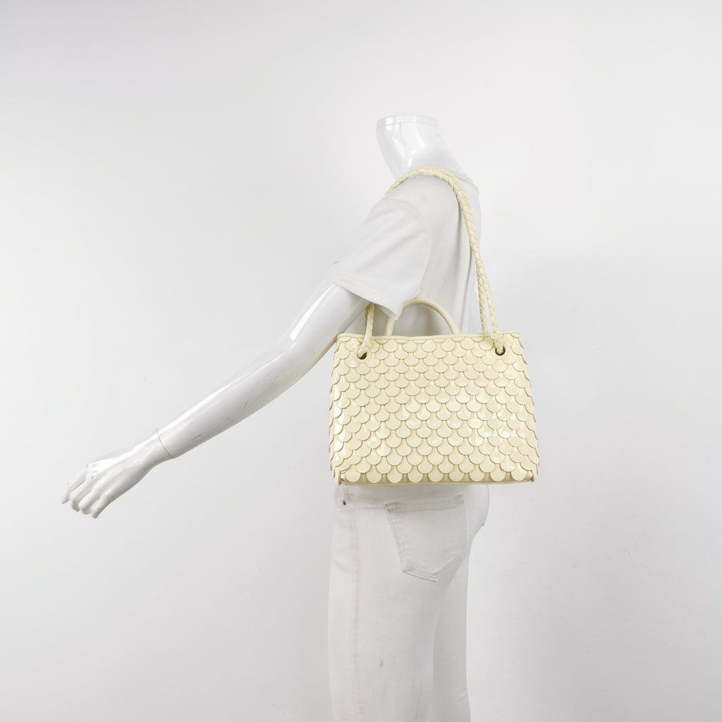 Bottega Veneta Andiamo Small Butter Yellow Fish Scale Patent Leather Handbag
