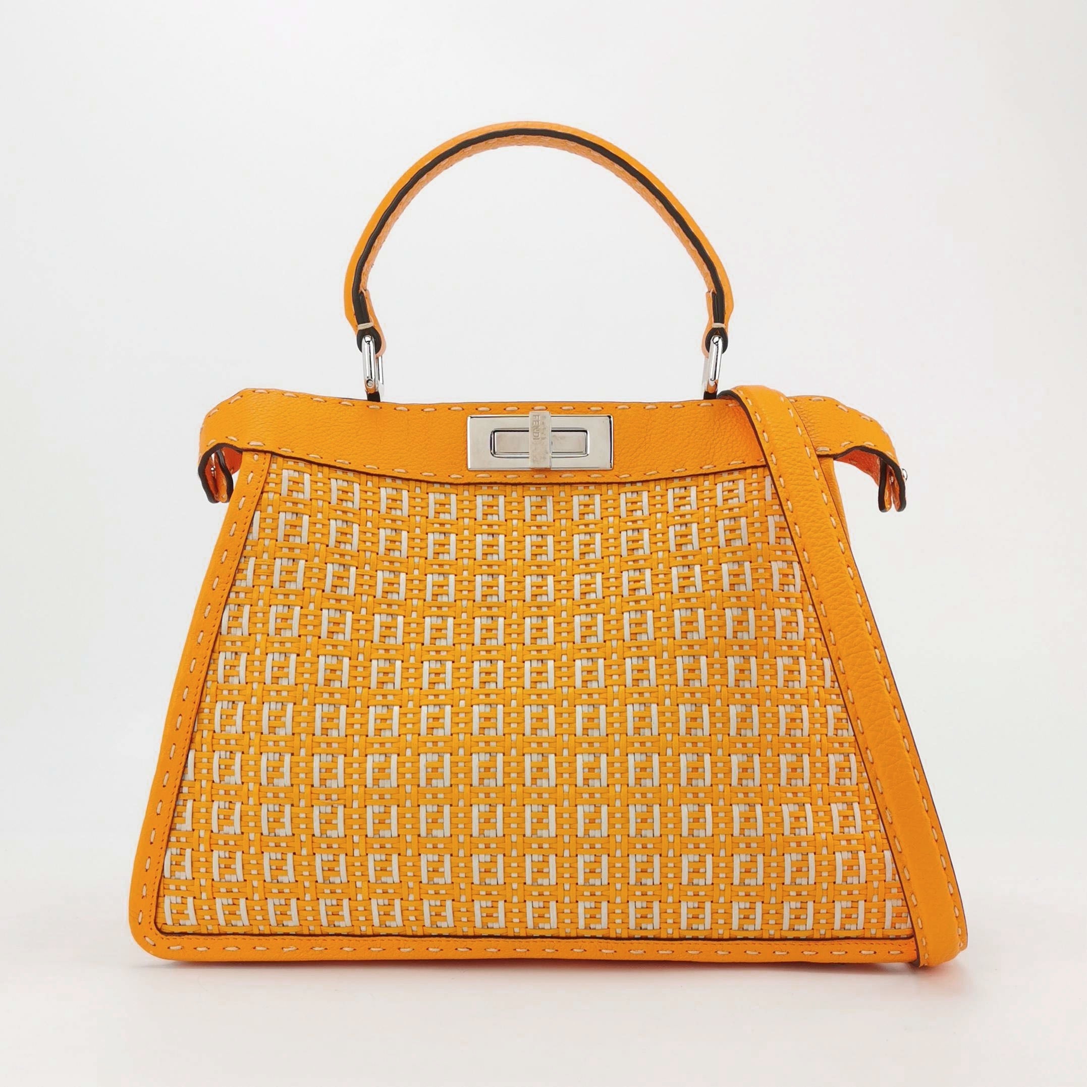 Fendi Peekaboo ISeeU Sellier Orange / White Interlace Leather Medium Top Handle Bag