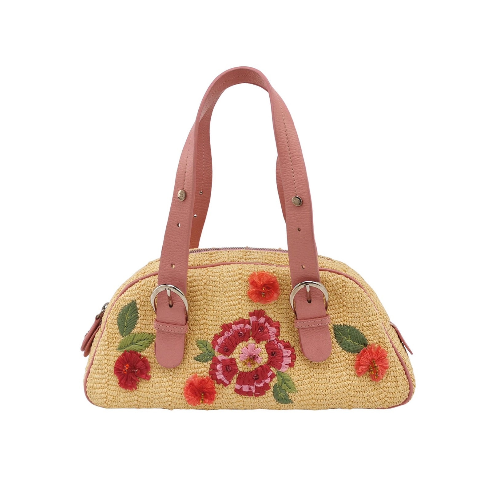 Dior Wicker Boston Bag Floral Embroidery Pink Leather