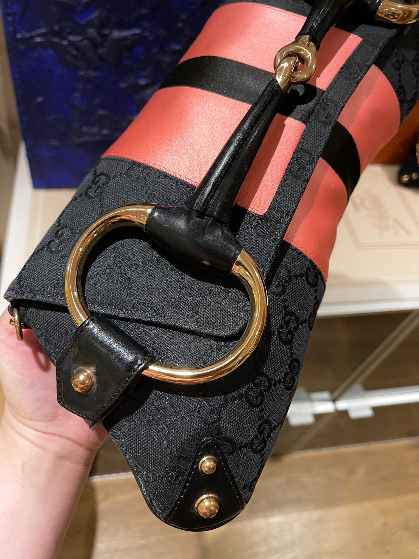 Gucci Horsebit 1955 Chain Large Shoulder Bag Black Monogram with Pink Silk