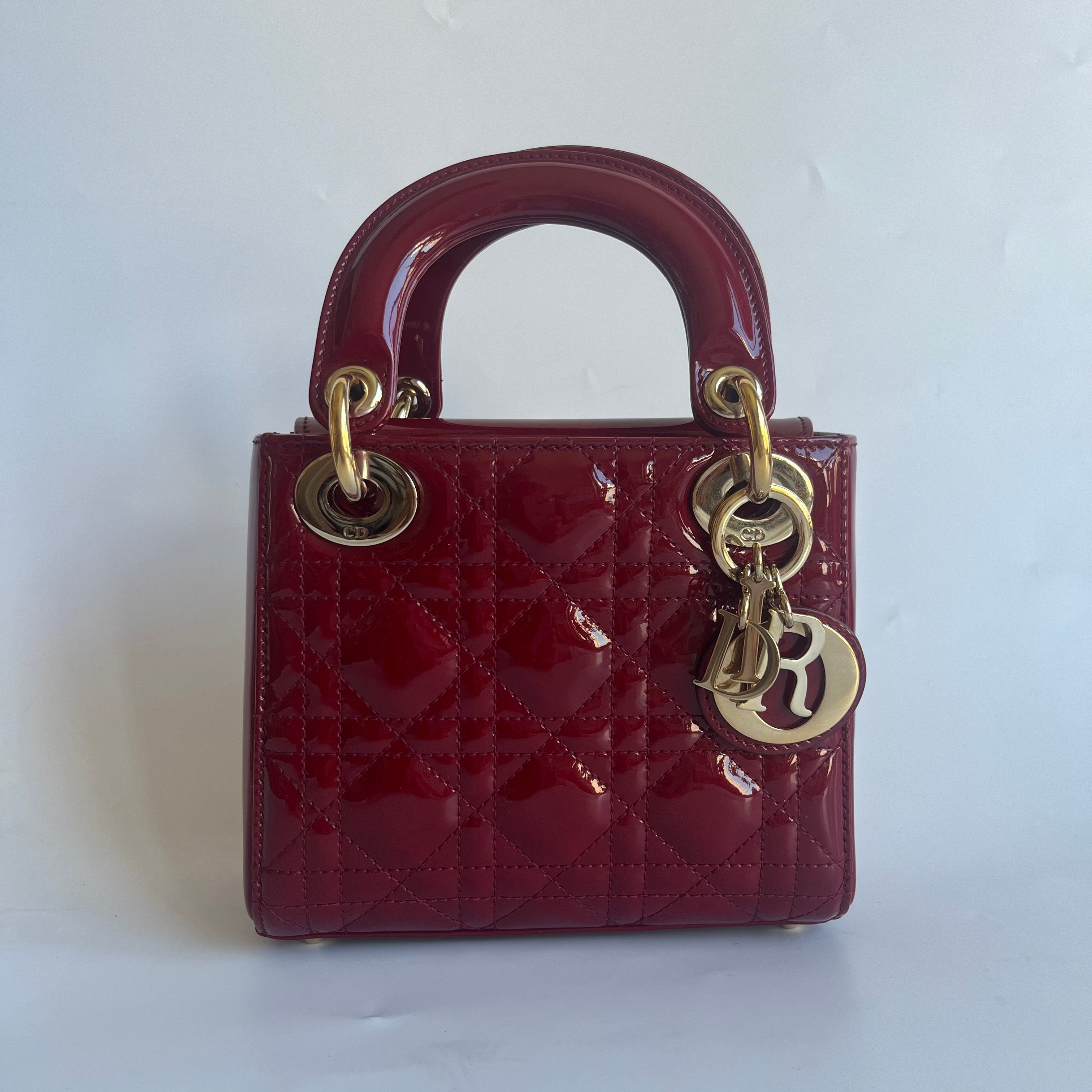 Lady Dior Mini Handbag Burgundy Red Patent Leather Gold-tone Chain Strap 2016