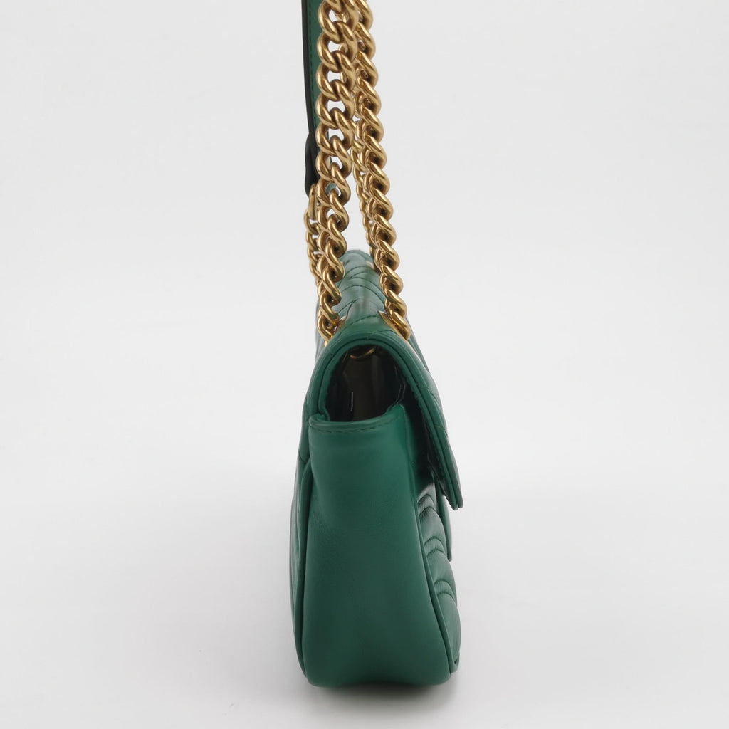Gucci Marmont Mini Flap Green Calfskin Leather Handbag Gold Hardware