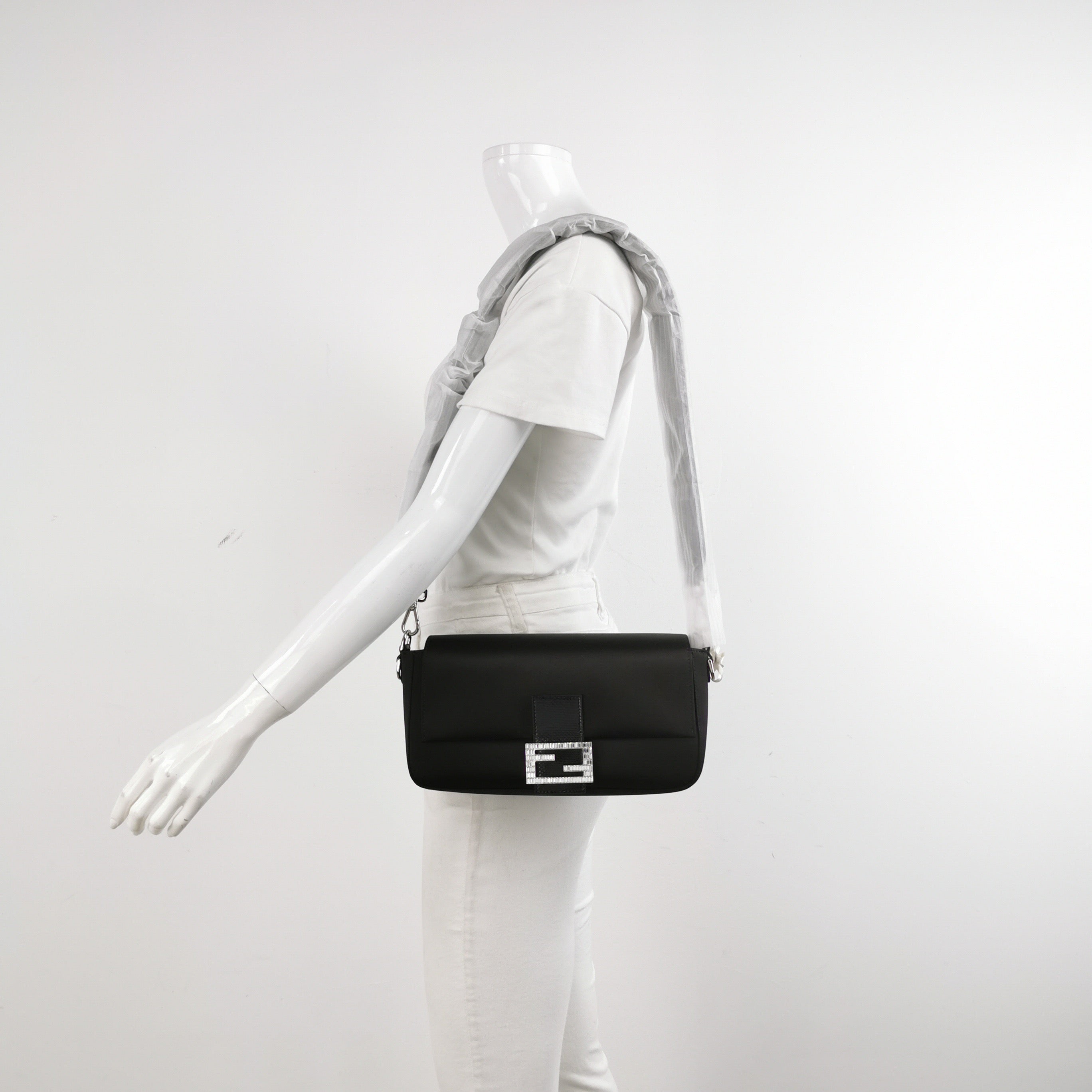 Fendi Baguette Black Silk Crystal Buckle Crossbody Bag