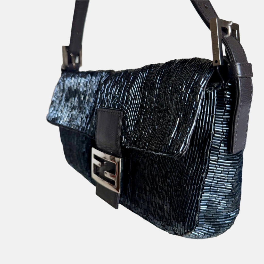Fendi Baguette Metallic Navy Black Glittering Waterfall Beads Shoulder Bag