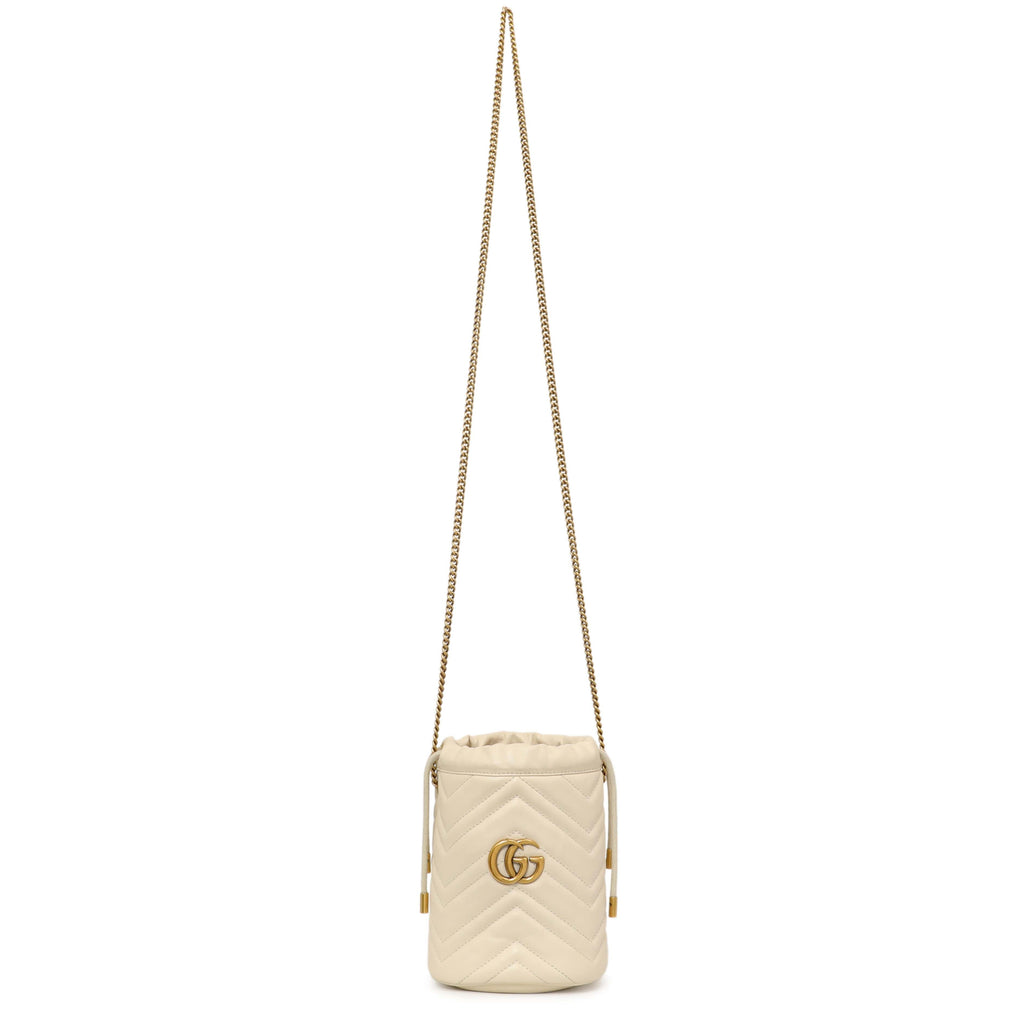 Gucci White Calfskin Matelasse Mini GG Marmont Bucket
