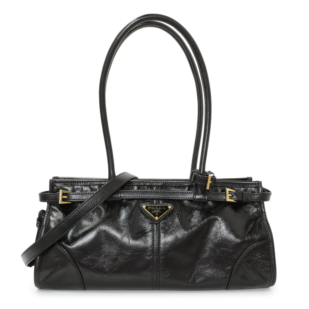 Prada Black Glossy Calfskin Triangle Medium Bonnie Shoulder Bag