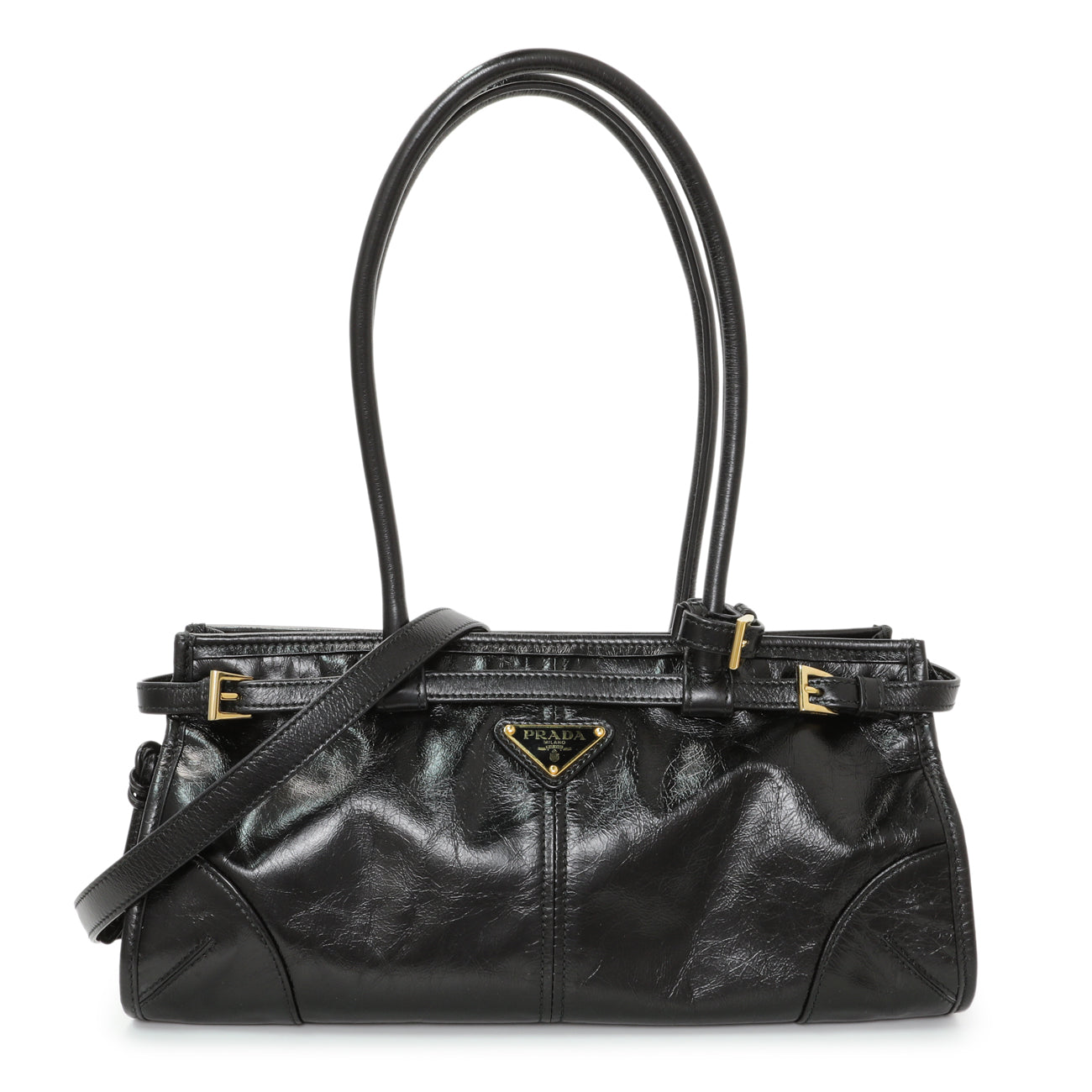 Prada Black Glossy Calfskin Triangle Medium Bonnie Shoulder Bag