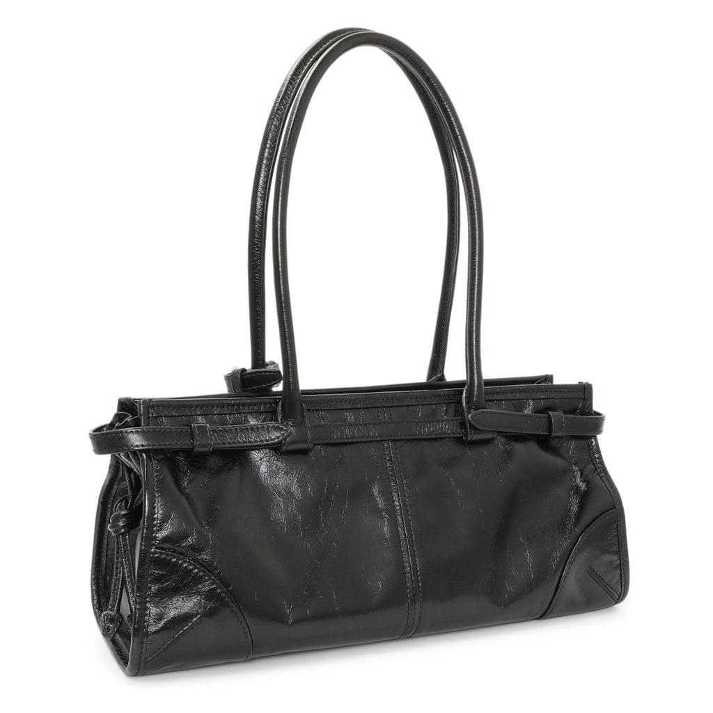 Prada Black Glossy Calfskin Triangle Medium Bonnie Shoulder Bag