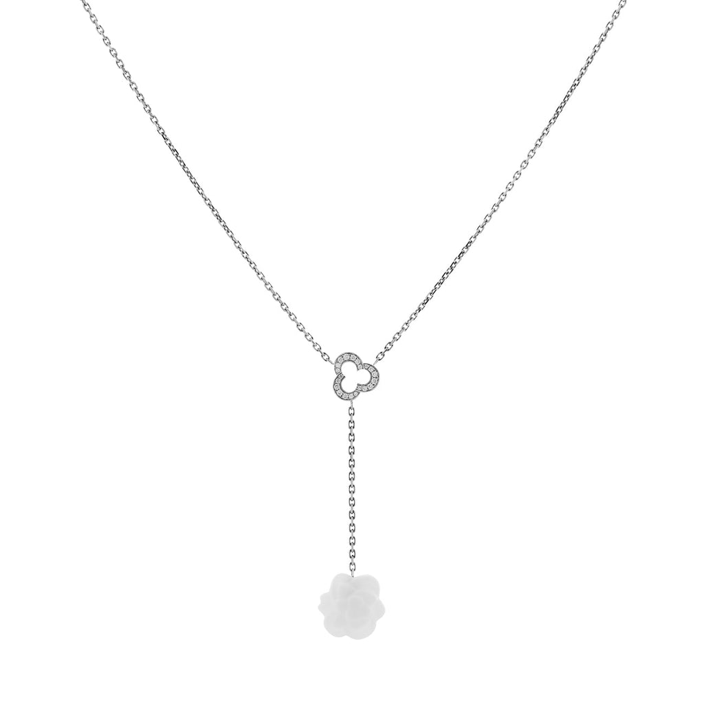 Chanel 18K White Gold Diamond Agate Camelia Sculpte Pendant Necklace