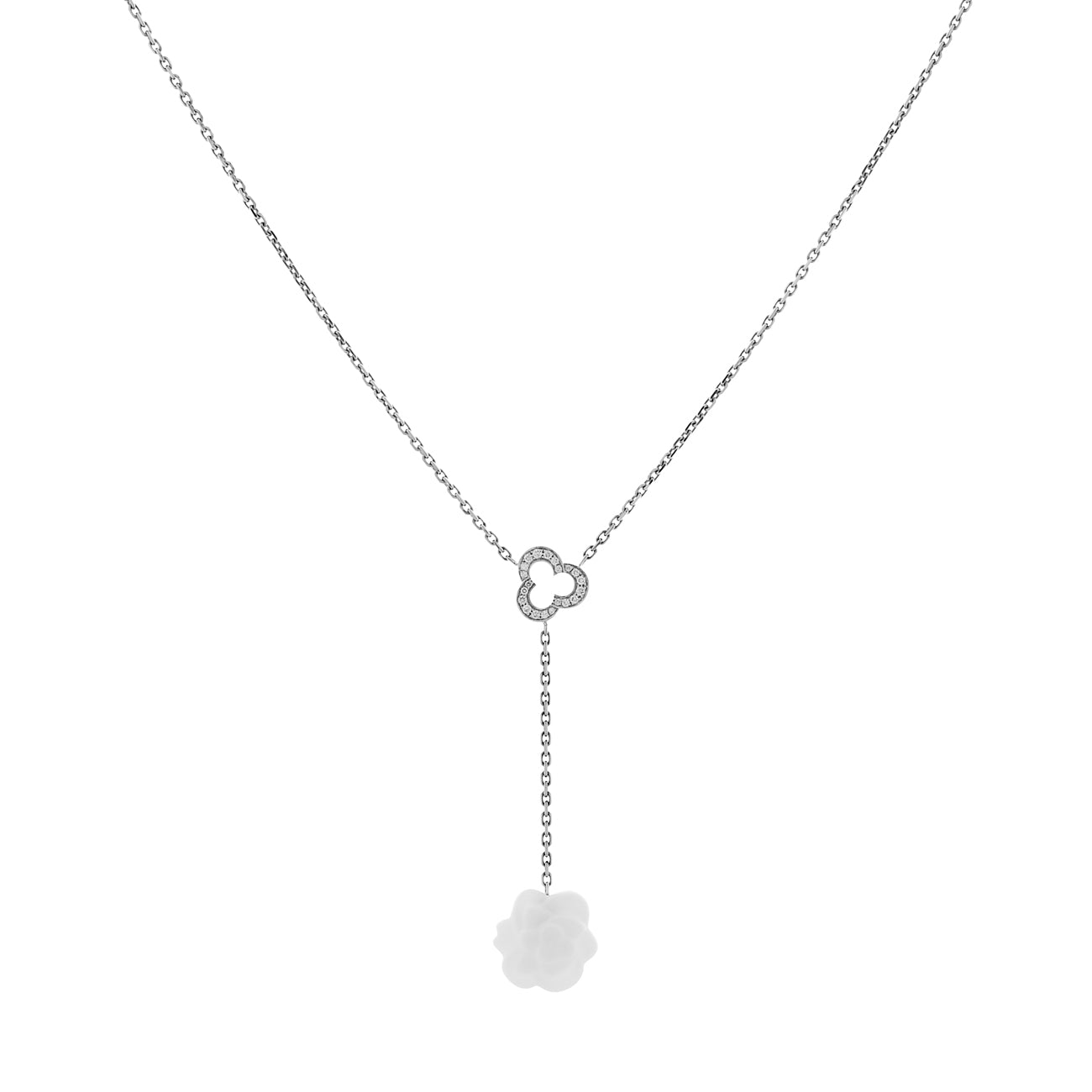 Chanel 18K White Gold Diamond Agate Camelia Sculpte Pendant Necklace