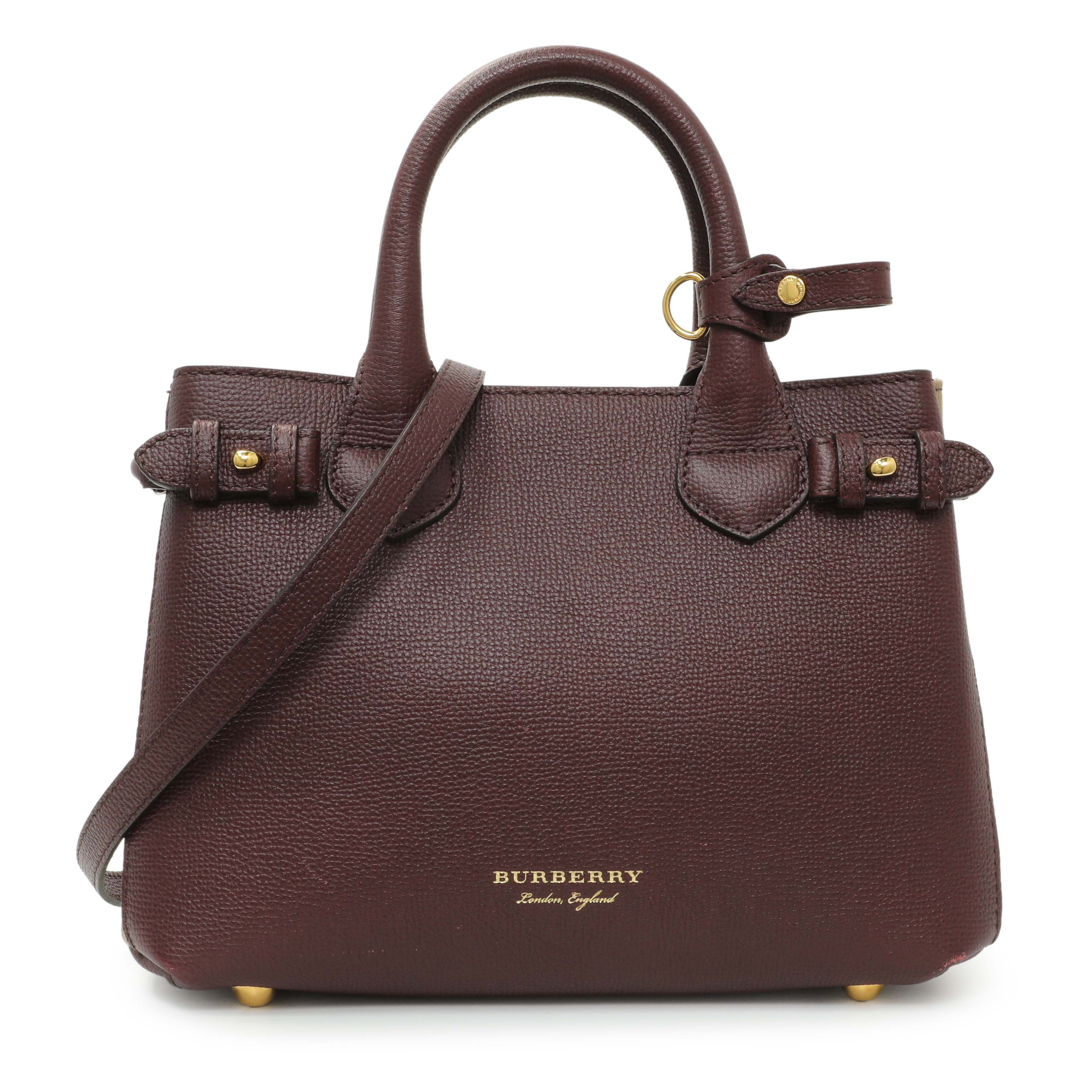 Burberry Burgundy Calfskin House Check Small Banner Tote