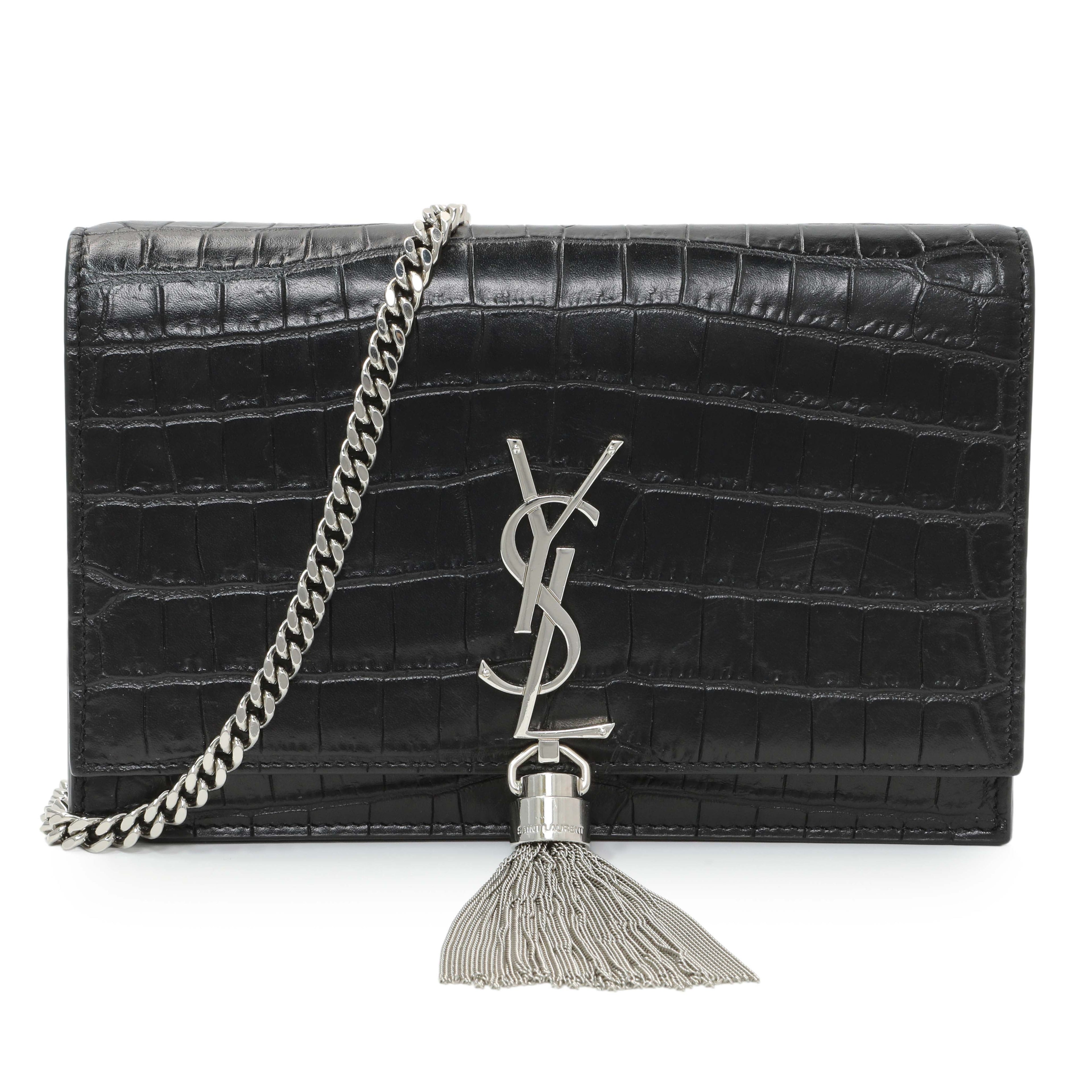 Saint Laurent Black Crocodile Embossed Calfskin Kate Monogram Tassel Chain Wallet