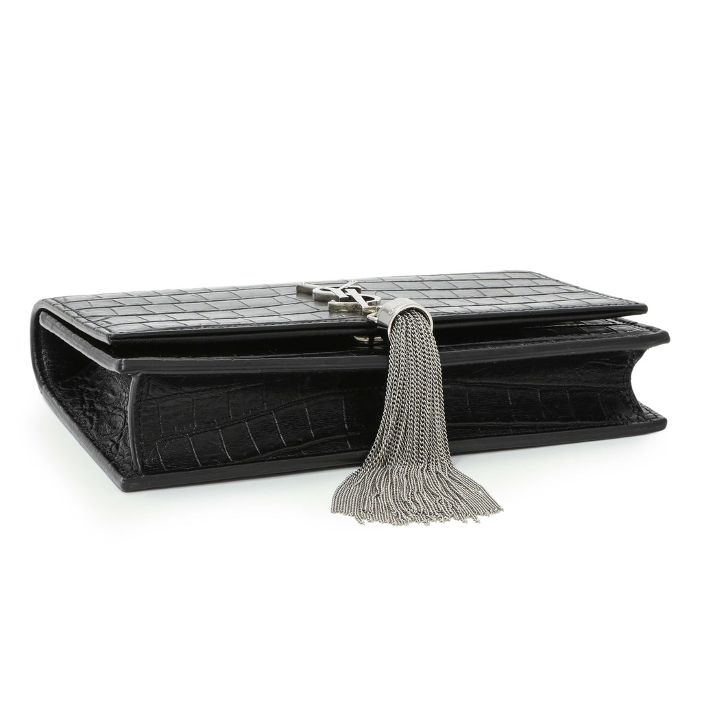 Saint Laurent Black Crocodile Embossed Calfskin Kate Monogram Tassel Chain Wallet