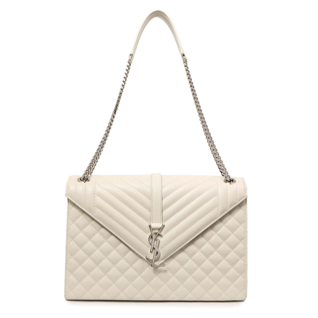 Saint Laurent White Grain De Poudre Matelasse Chevron Large Triquilt Monogram Satchel
