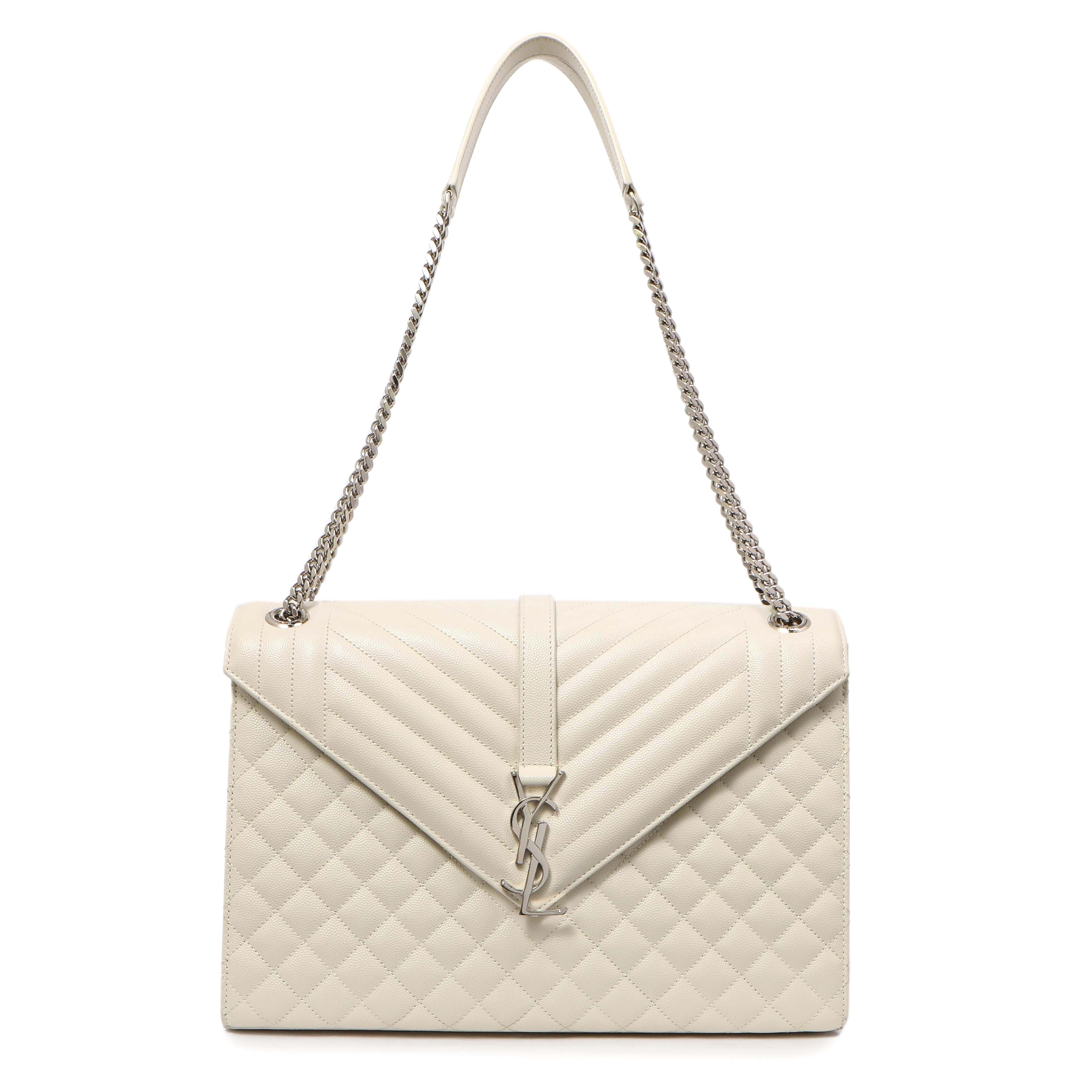 Saint Laurent White Grain De Poudre Matelasse Chevron Large Triquilt Monogram Satchel