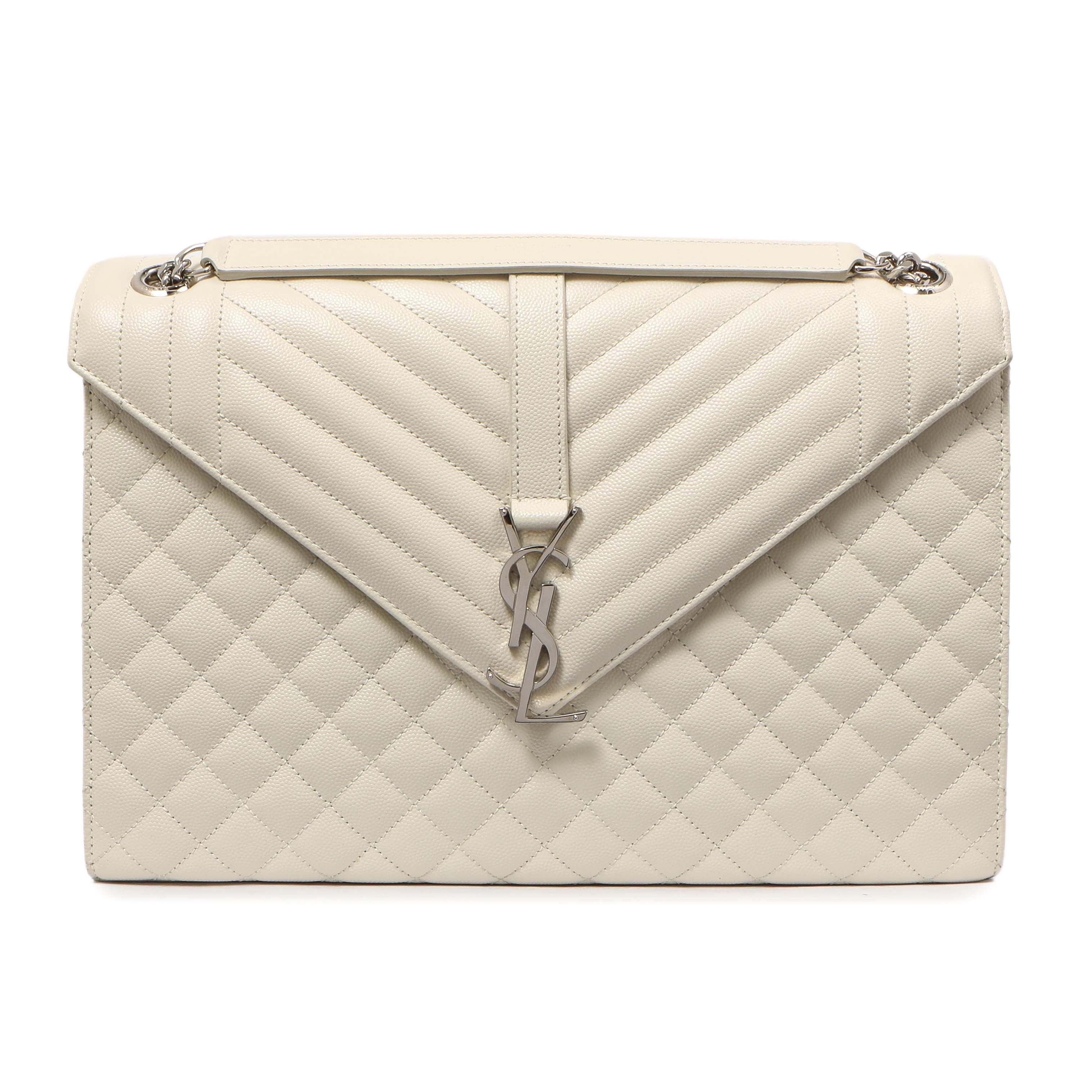 Saint Laurent White Grain De Poudre Matelasse Chevron Large Triquilt Monogram Satchel