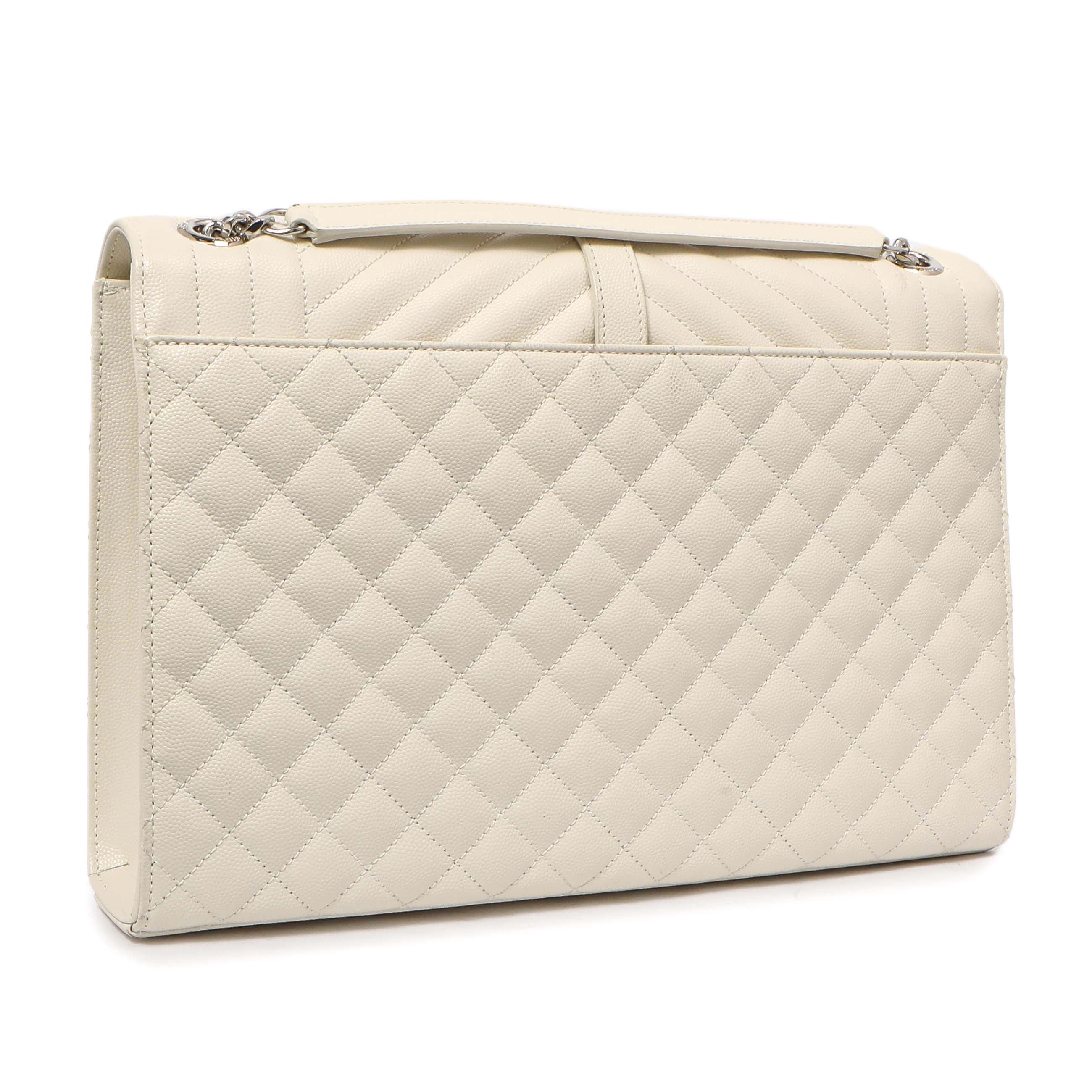 Saint Laurent White Grain De Poudre Matelasse Chevron Large Triquilt Monogram Satchel