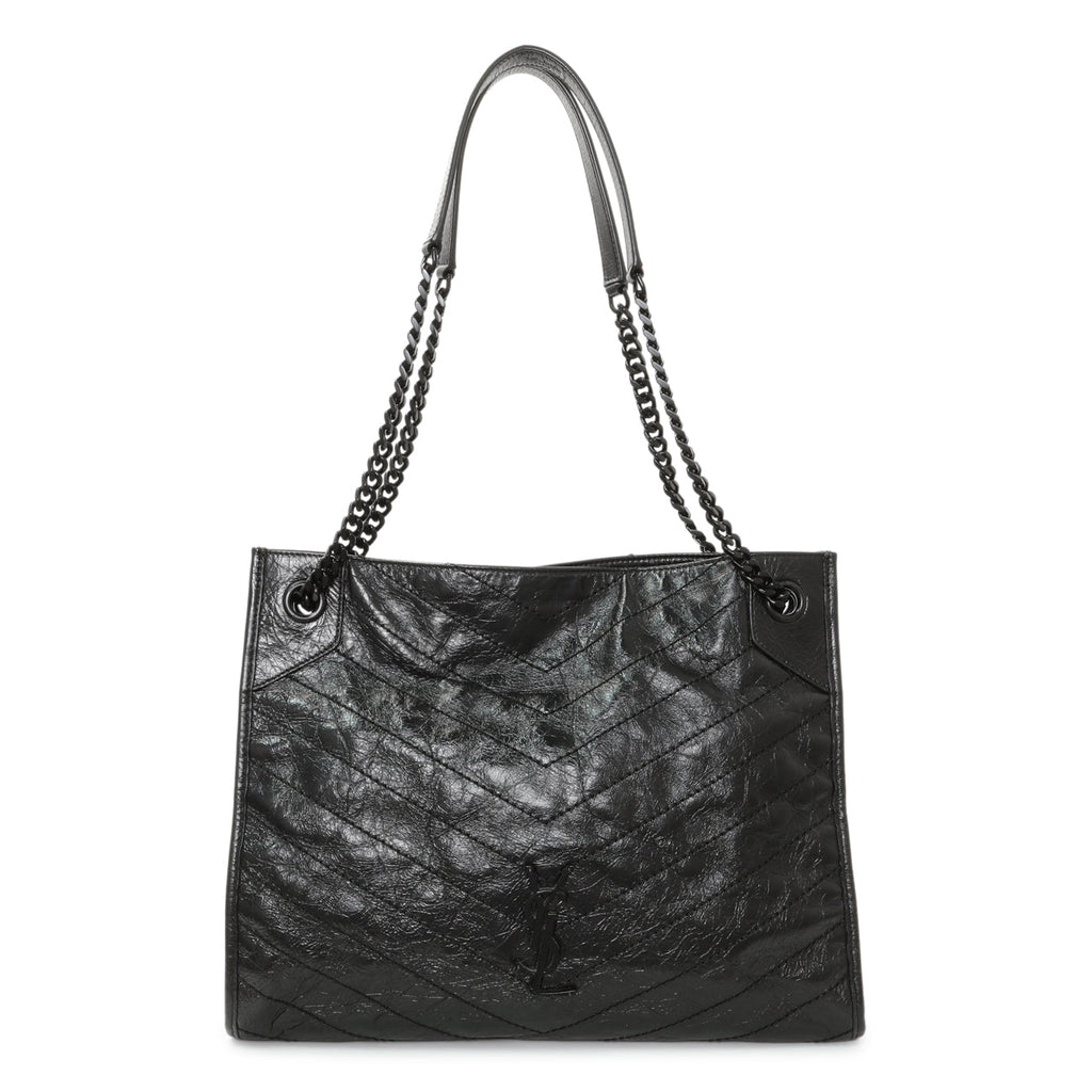 Saint Laurent Black Crinkled Calfskin Matelasse Monogram Medium Niki Shopper