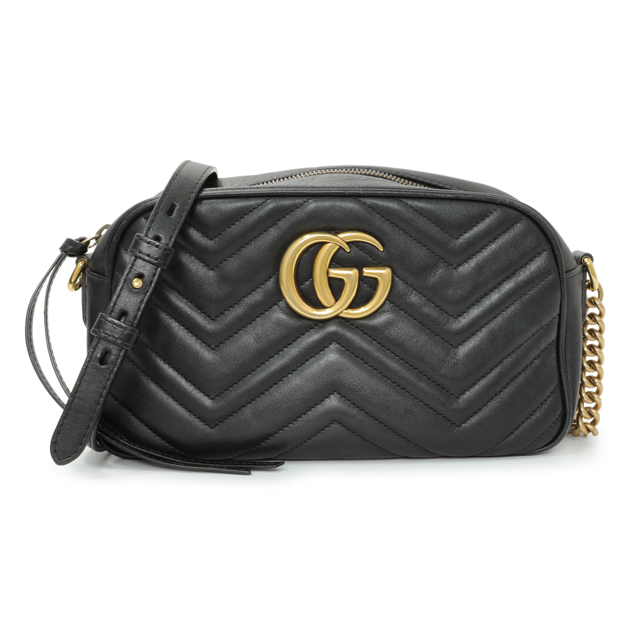 Gucci Black Calfskin Matelasse Small GG Marmont Chain Shoulder Bag