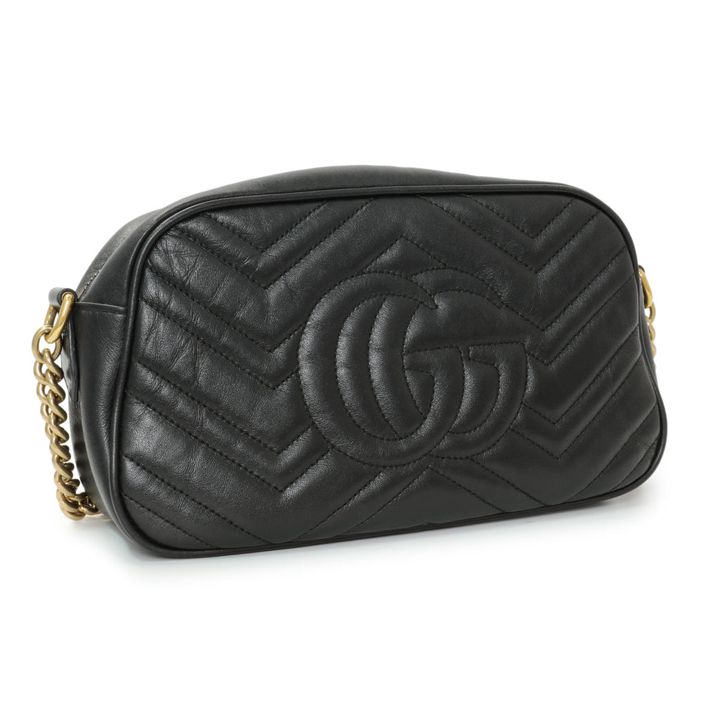 Gucci Black Calfskin Matelasse Small GG Marmont Chain Shoulder Bag