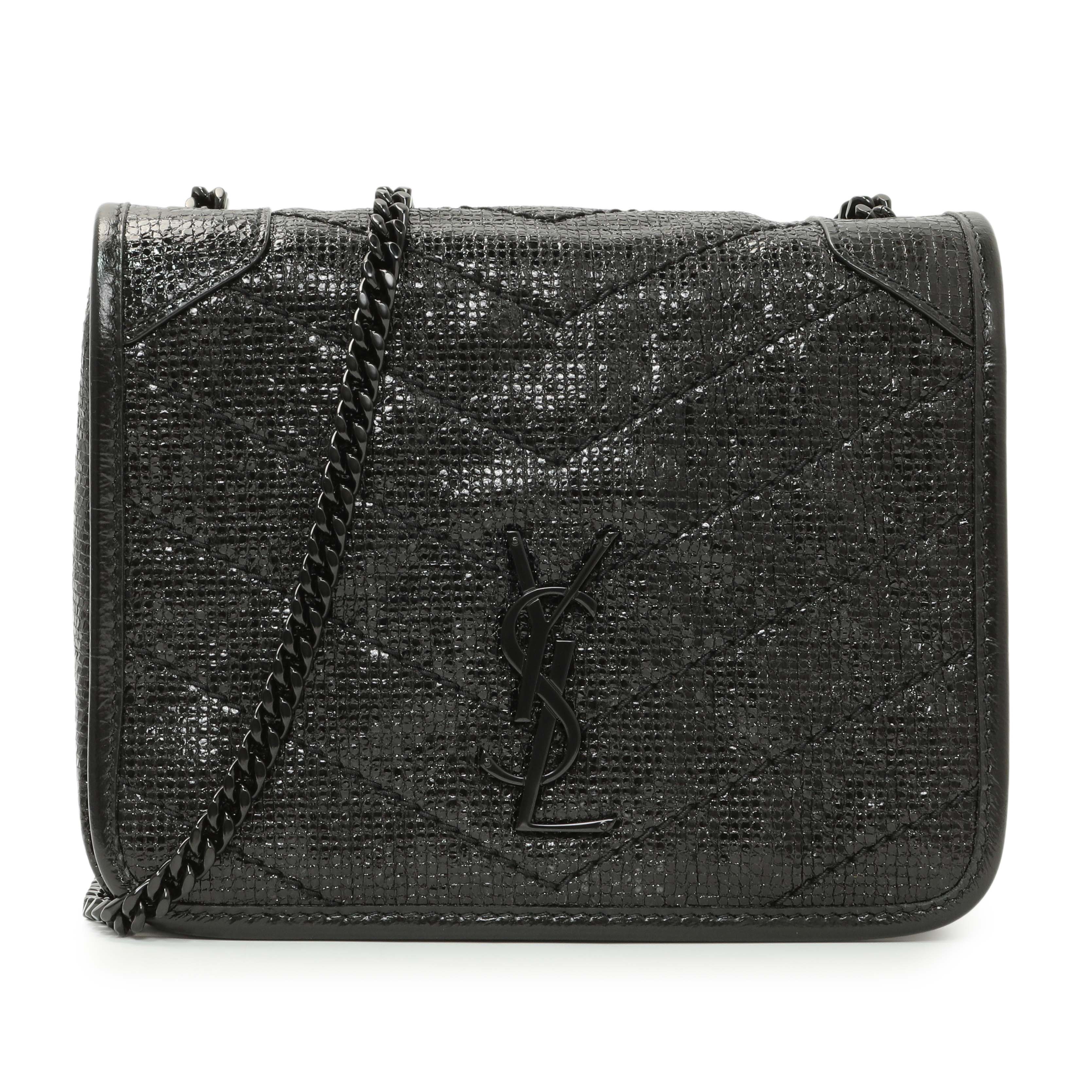 Saint Laurent Black Metallic Cracked Calfskin Monogram Niki Chain Wallet