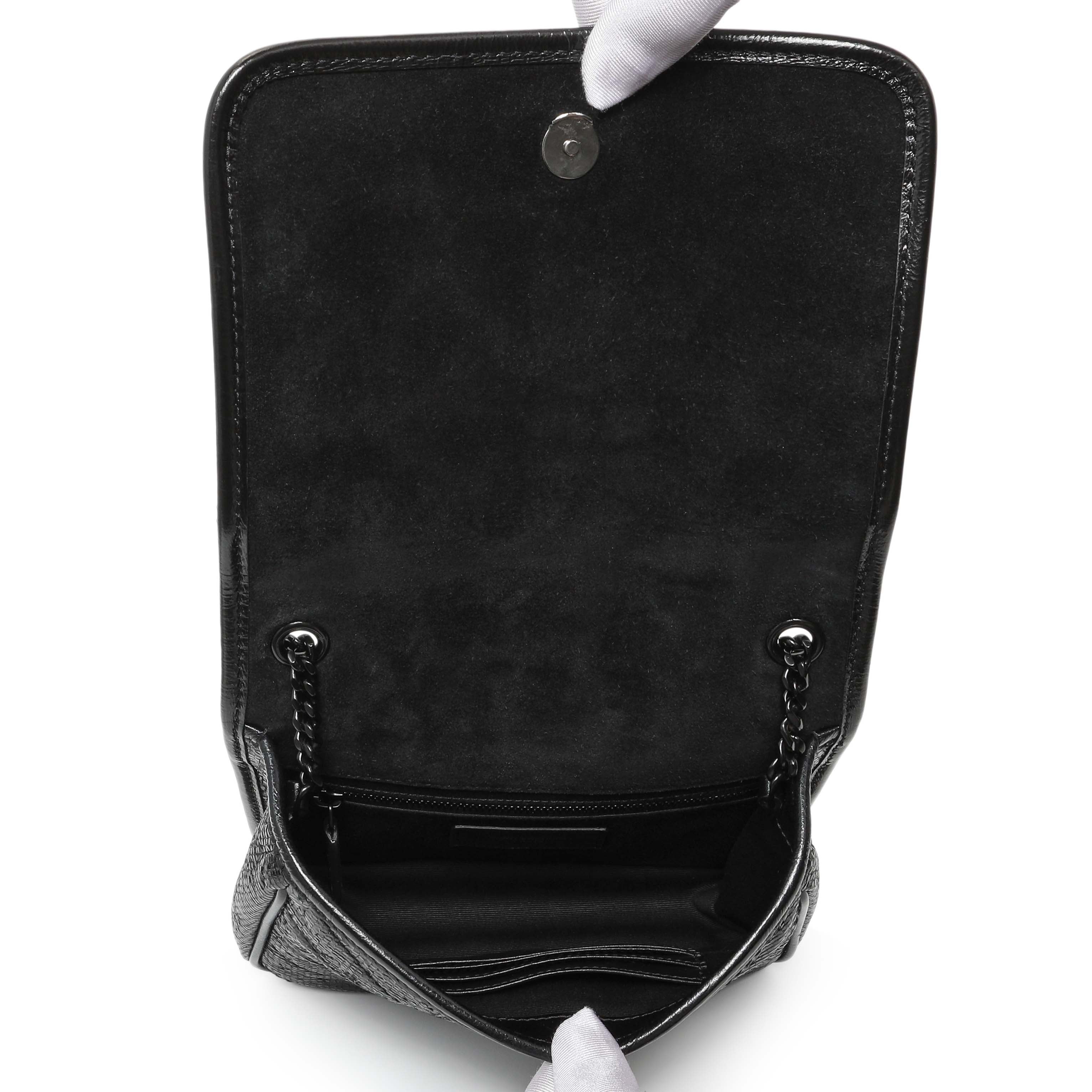 Saint Laurent Black Metallic Cracked Calfskin Monogram Niki Chain Wallet